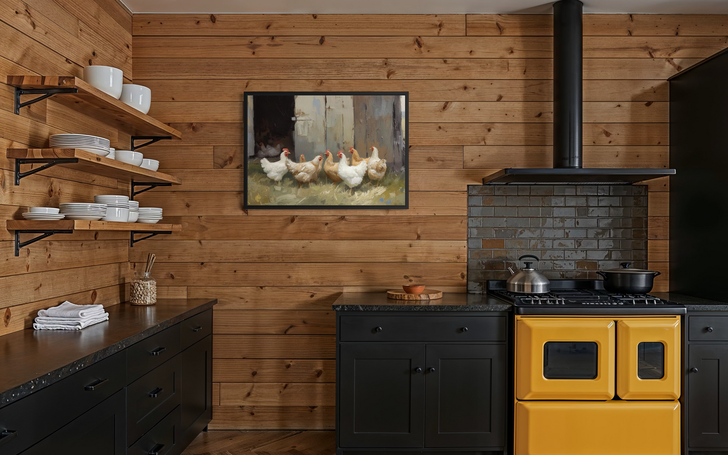 The Waiting Hens Rustic Farmhouse Framed Wall Art | Wood Frame