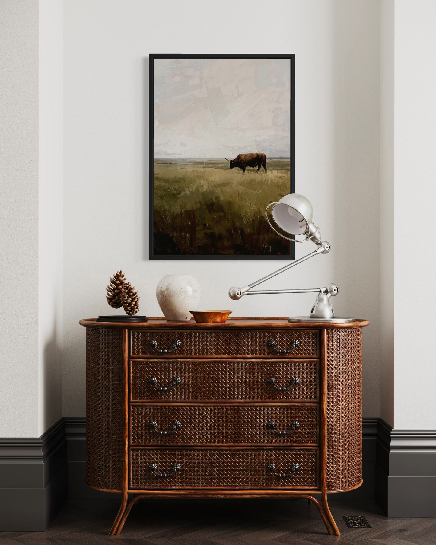 Lone Bull on the Prairie - Rustic Western Landscape Art