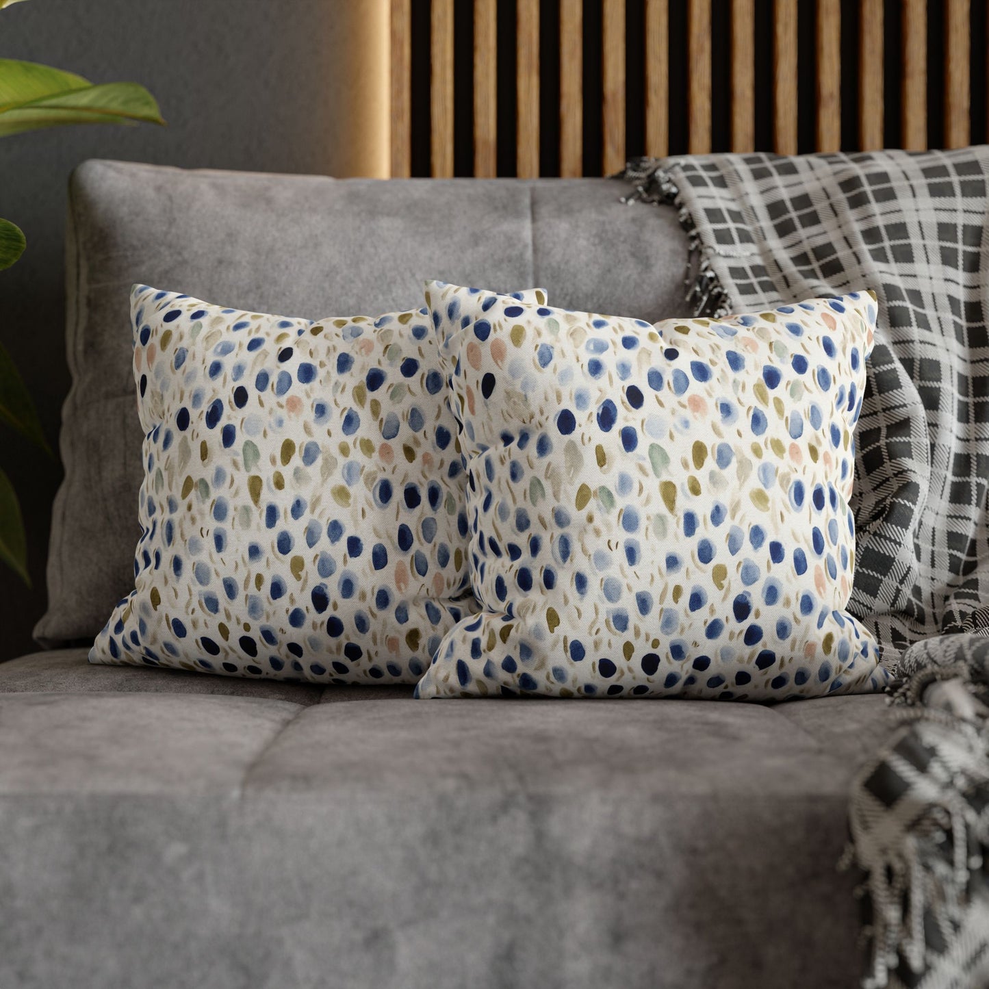 Watercolor Pebble Pattern Pillowcase — Blue & Neutral Square Throw Pillow Cover