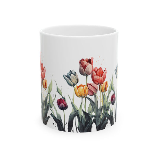 Tulip Garden Ceramic Mug — Floral Watercolor Coffee Cup (11oz & 15oz)