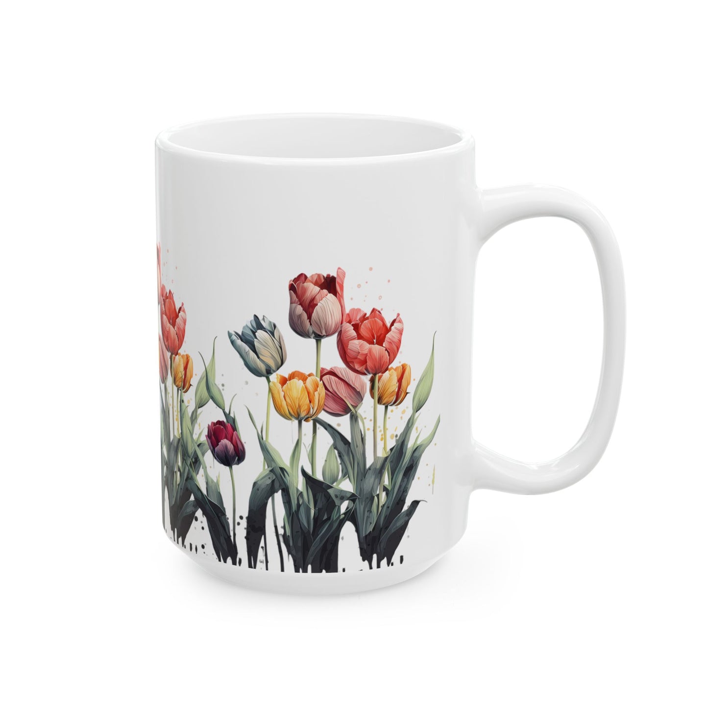 Tulip Garden Ceramic Mug — Floral Watercolor Coffee Cup (11oz & 15oz)