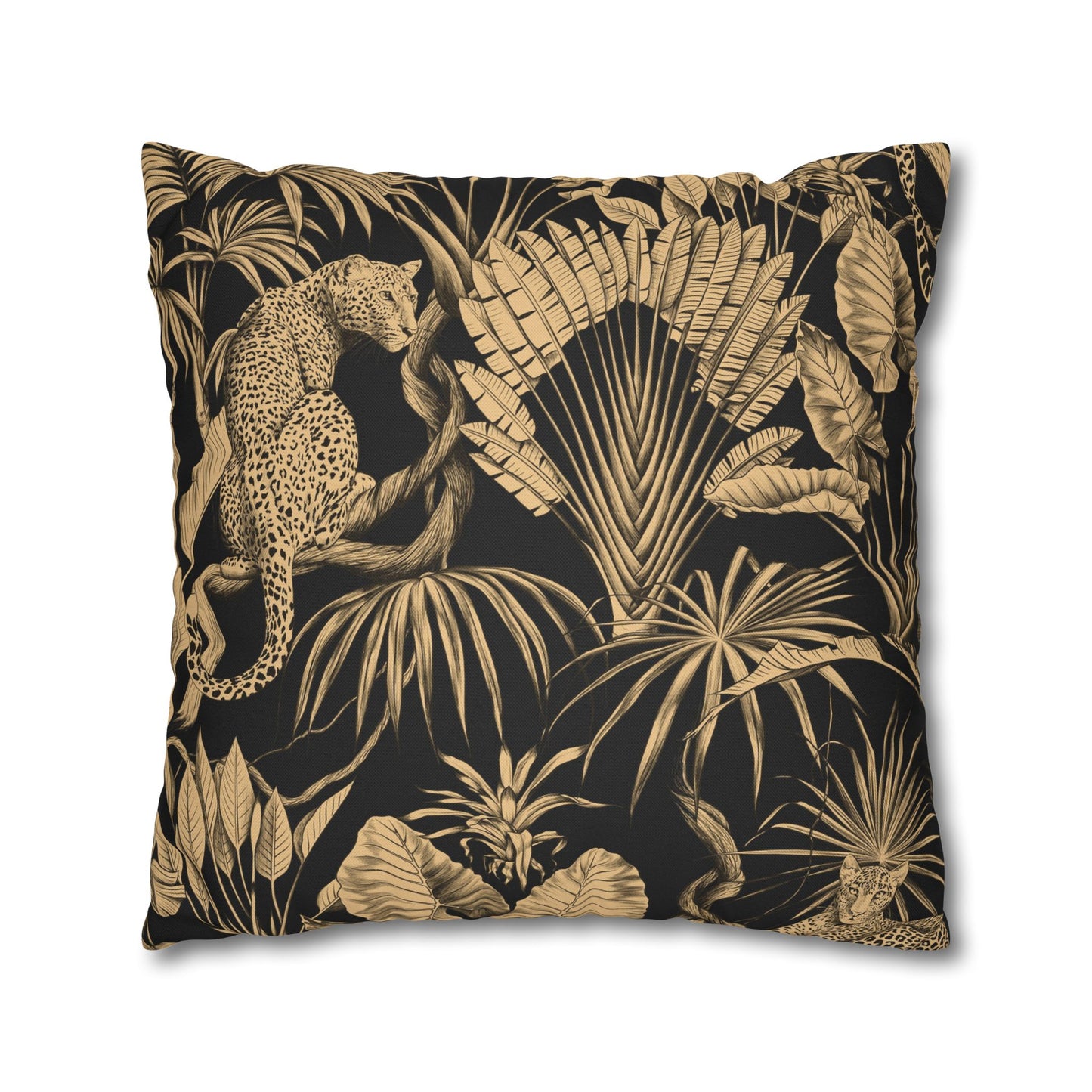Tropical Leopard Decorative Pillowcase — Gold Palm Leaves on Black