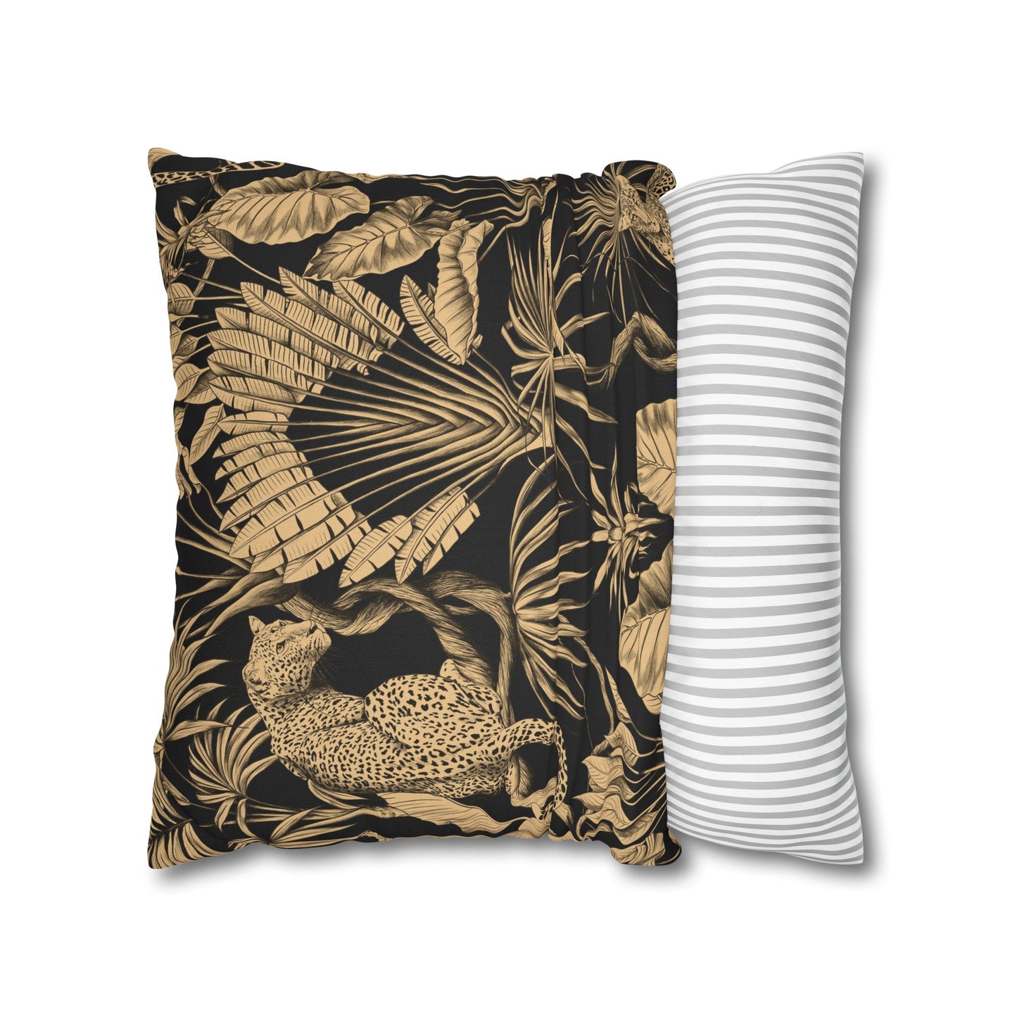 Tropical Leopard Decorative Pillowcase — Gold Palm Leaves on Black