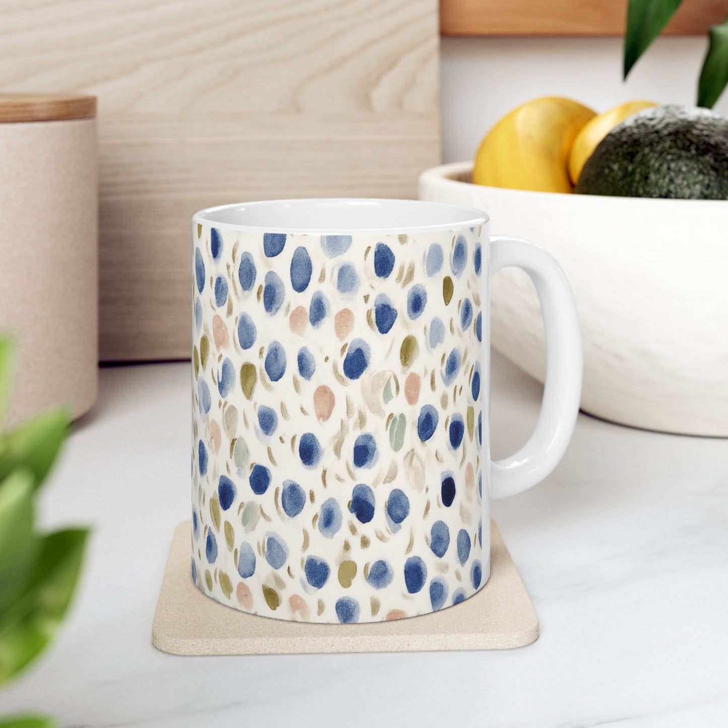 Blue Olive Watercolor Dot Ceramic Mug – Abstract Speckled Coffee Cup (11oz/15oz)