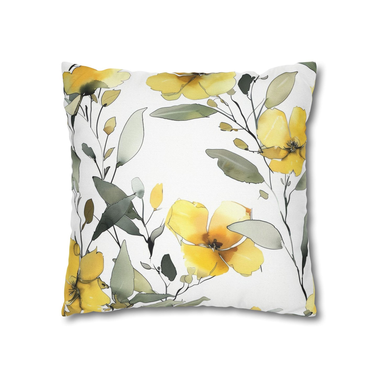 Yellow Floral Pillowcase — Watercolor Blossom Square Throw Pillow Cover
