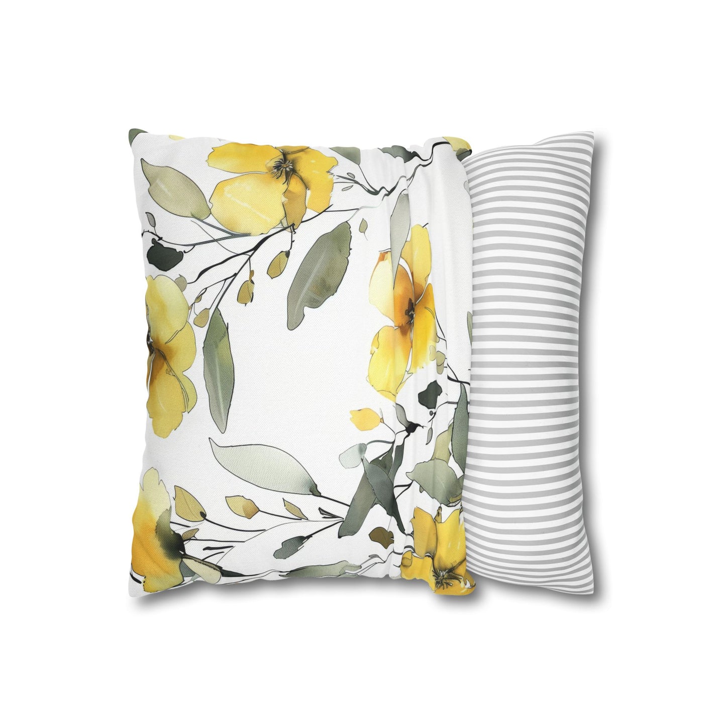 Yellow Floral Pillowcase — Watercolor Blossom Square Throw Pillow Cover