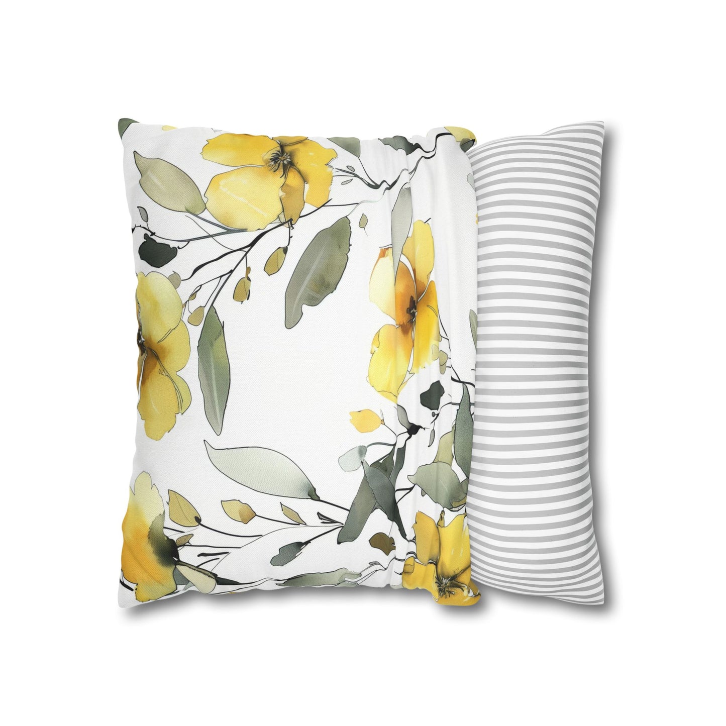 Yellow Floral Pillowcase — Watercolor Blossom Square Throw Pillow Cover