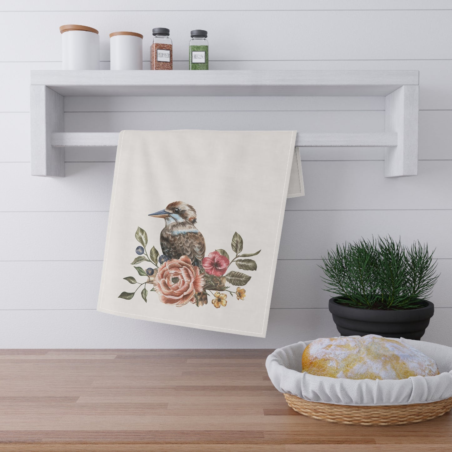 Kookaburra with Roses Tea Towel | Floral Bird Kitchen Towel