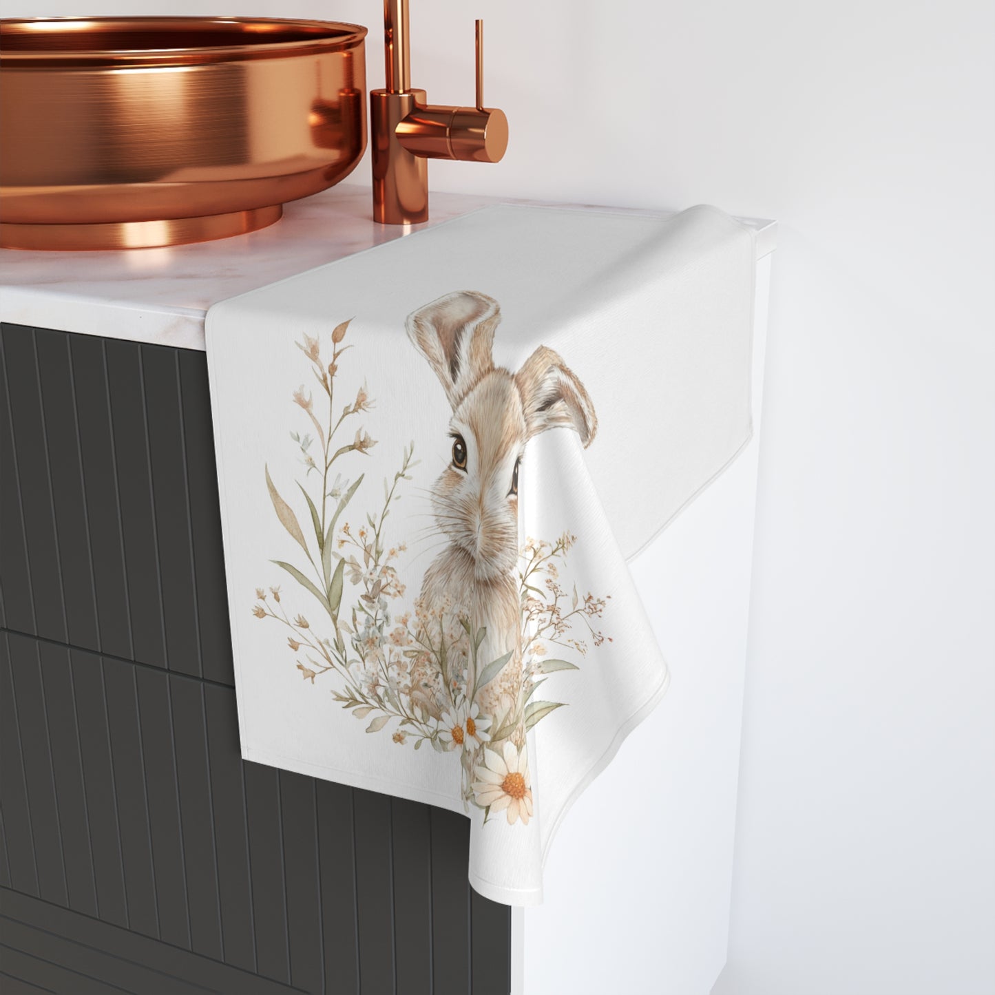 Watercolor Bunny with Daisies Hand Towel | Woodland Decor