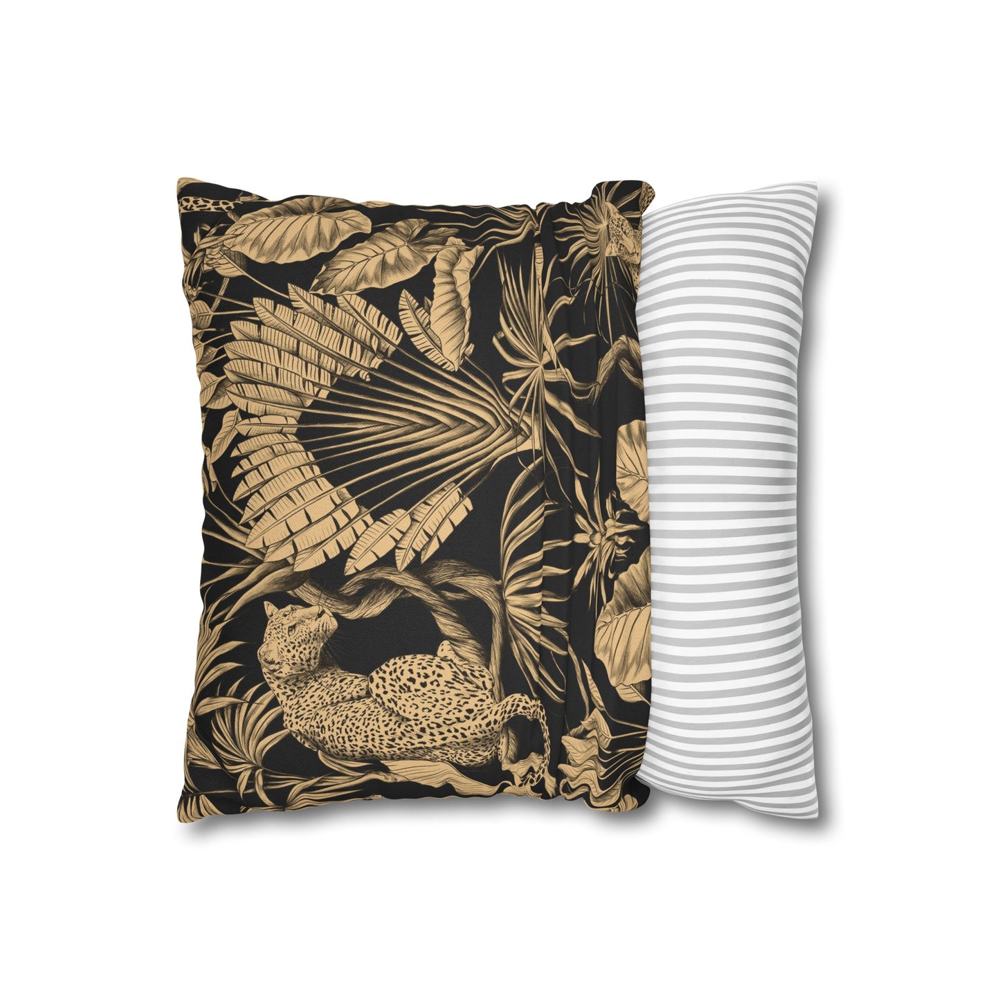 Tropical Leopard Decorative Pillowcase — Gold Palm Leaves on Black