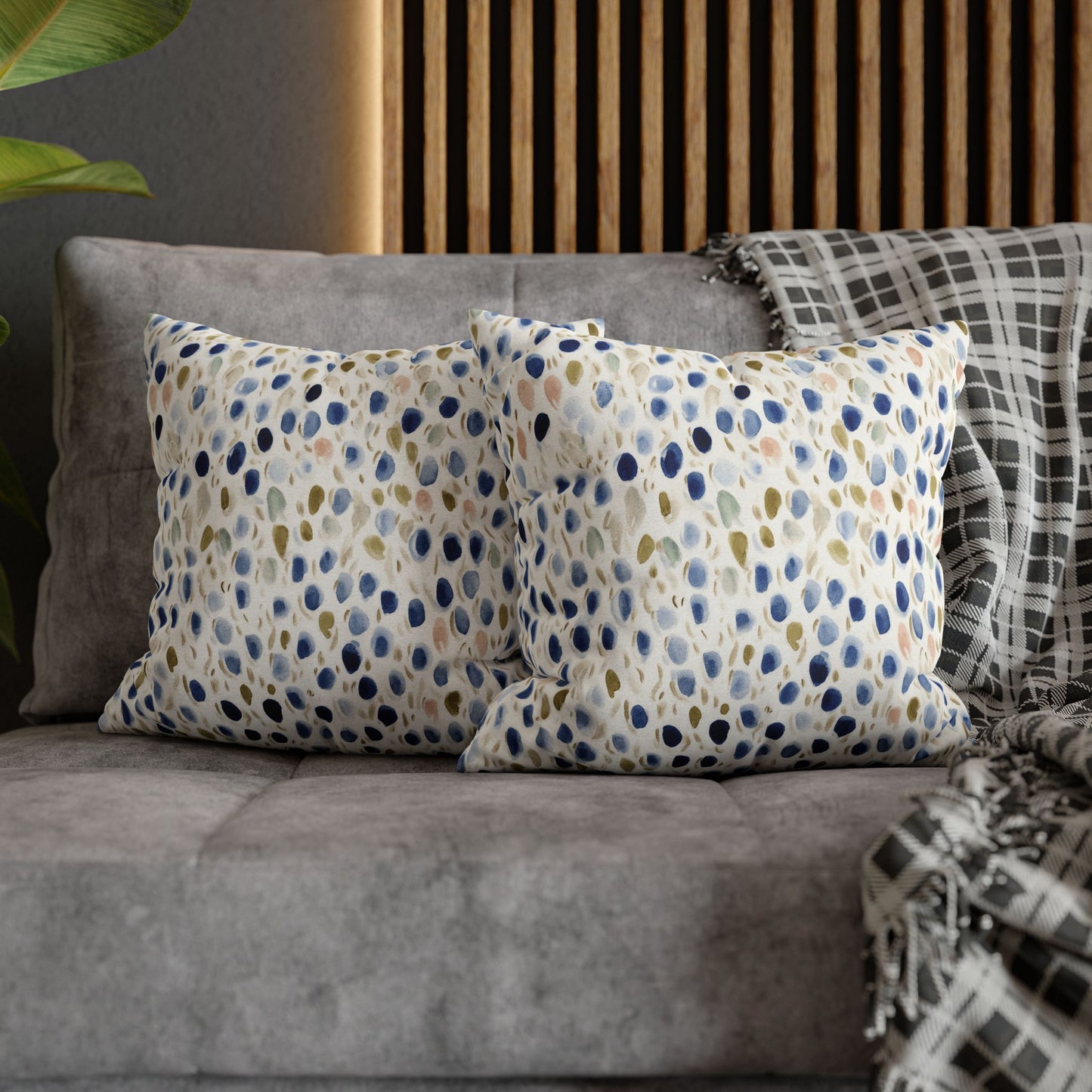 Watercolor Pebble Pattern Pillowcase — Blue & Neutral Square Throw Pillow Cover