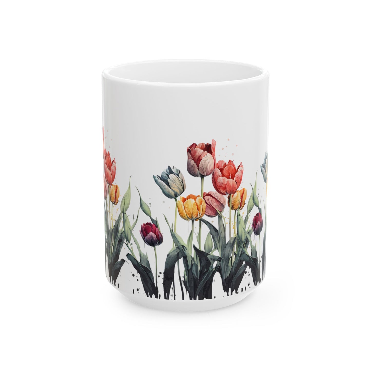 Tulip Garden Ceramic Mug — Floral Watercolor Coffee Cup (11oz & 15oz)