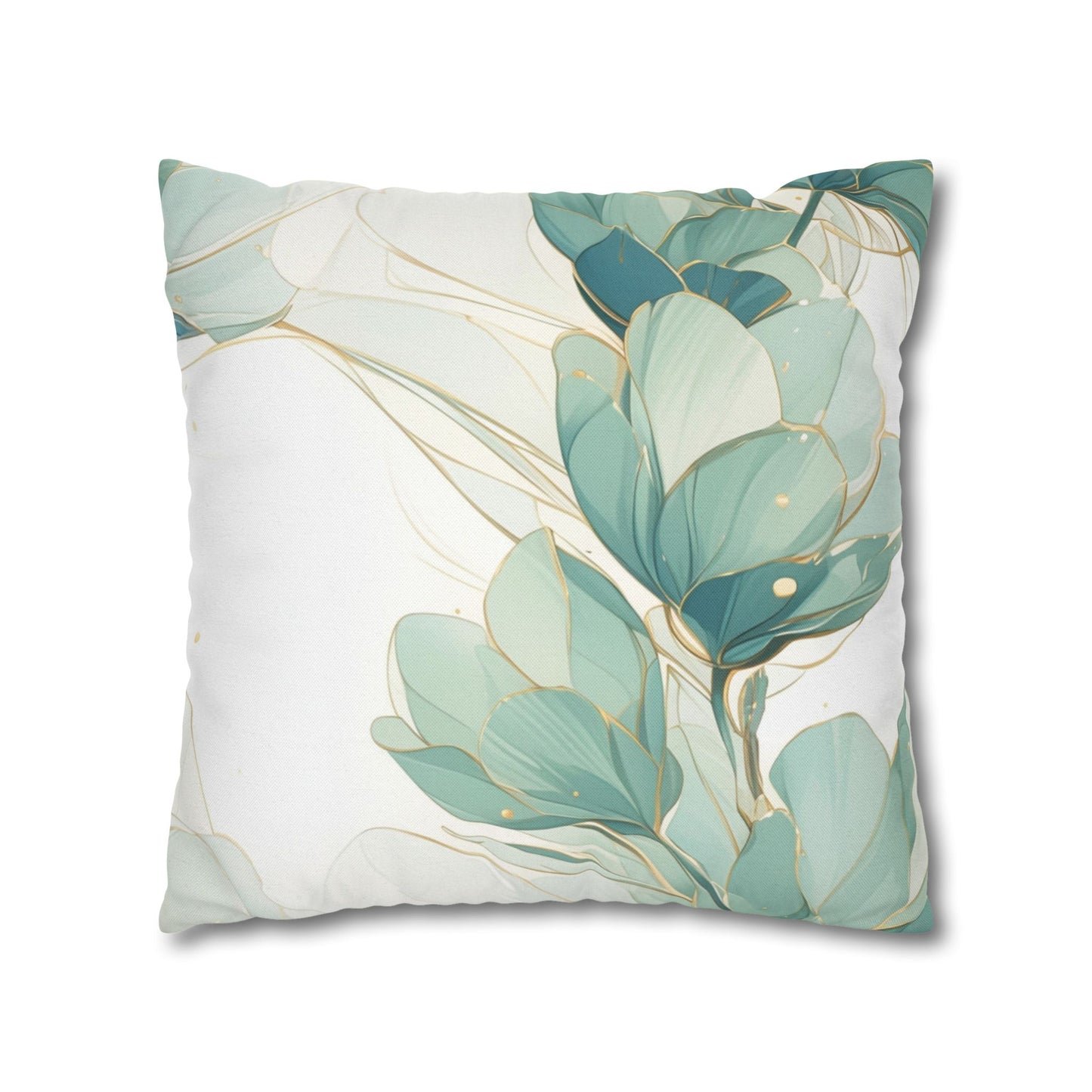 Botanical Teal Floral Square Pillow Cover — Soft Spun Polyester Decorative Throw Pillowcase