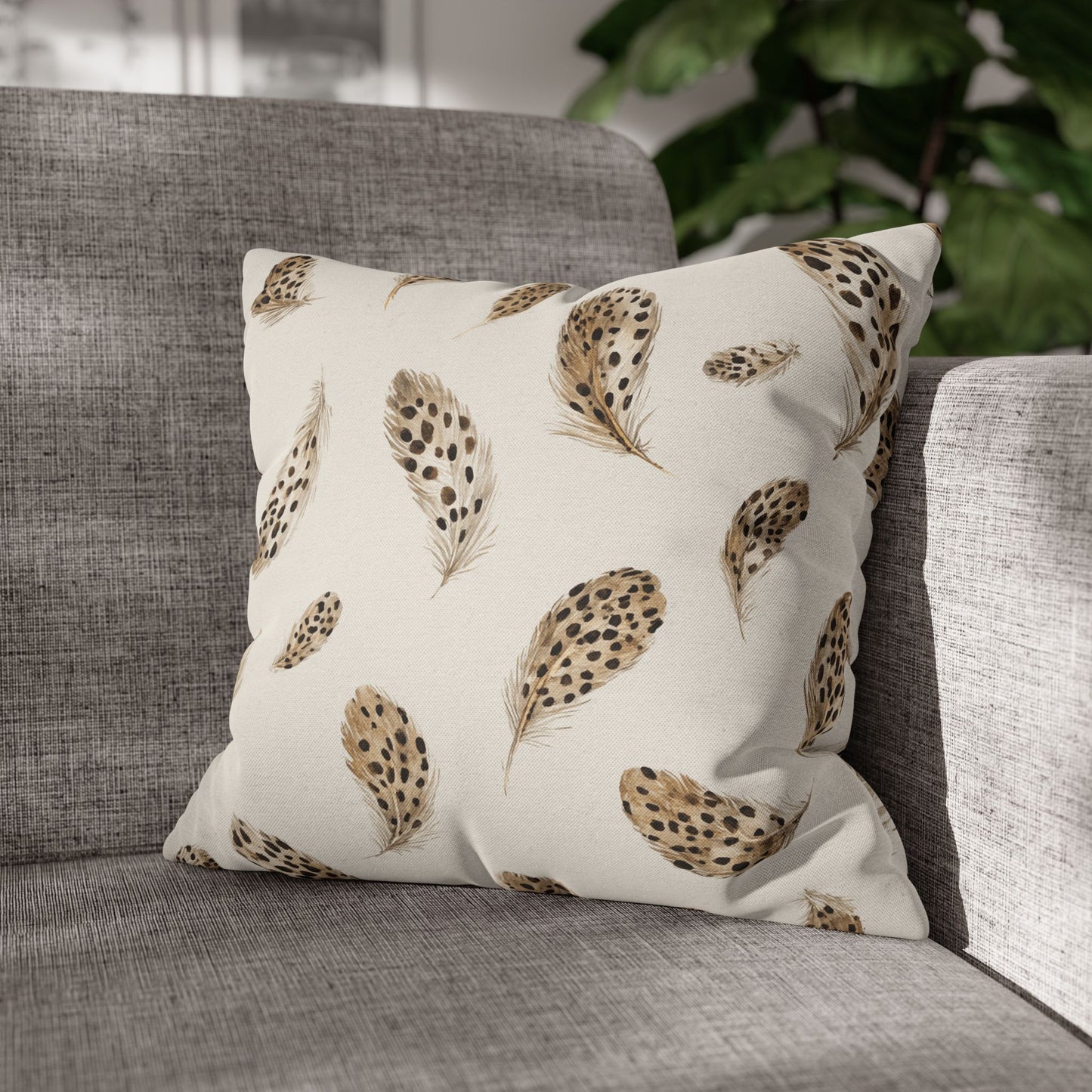 Feather Toss Decorative Pillowcase — Neutral Speckled Feathers Square Throw Pillow Cover