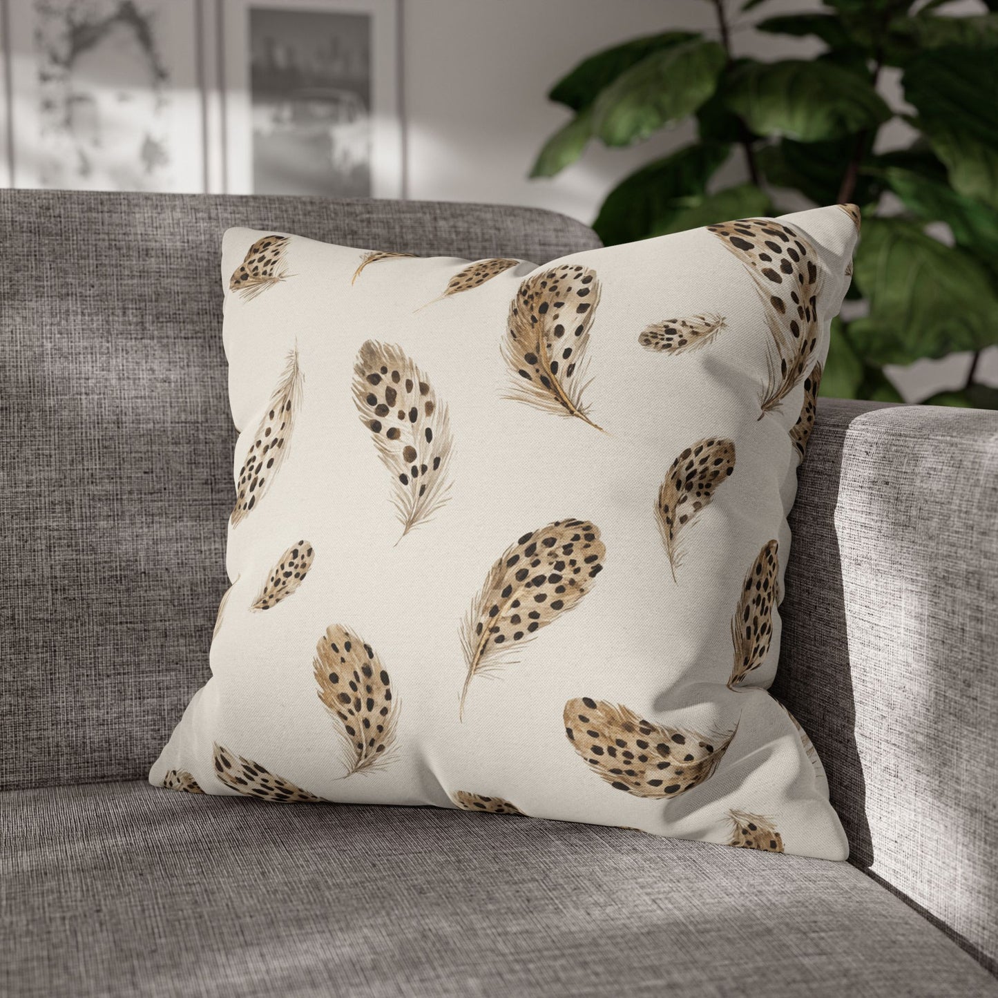 Feather Toss Decorative Pillowcase — Neutral Speckled Feathers Square Throw Pillow Cover