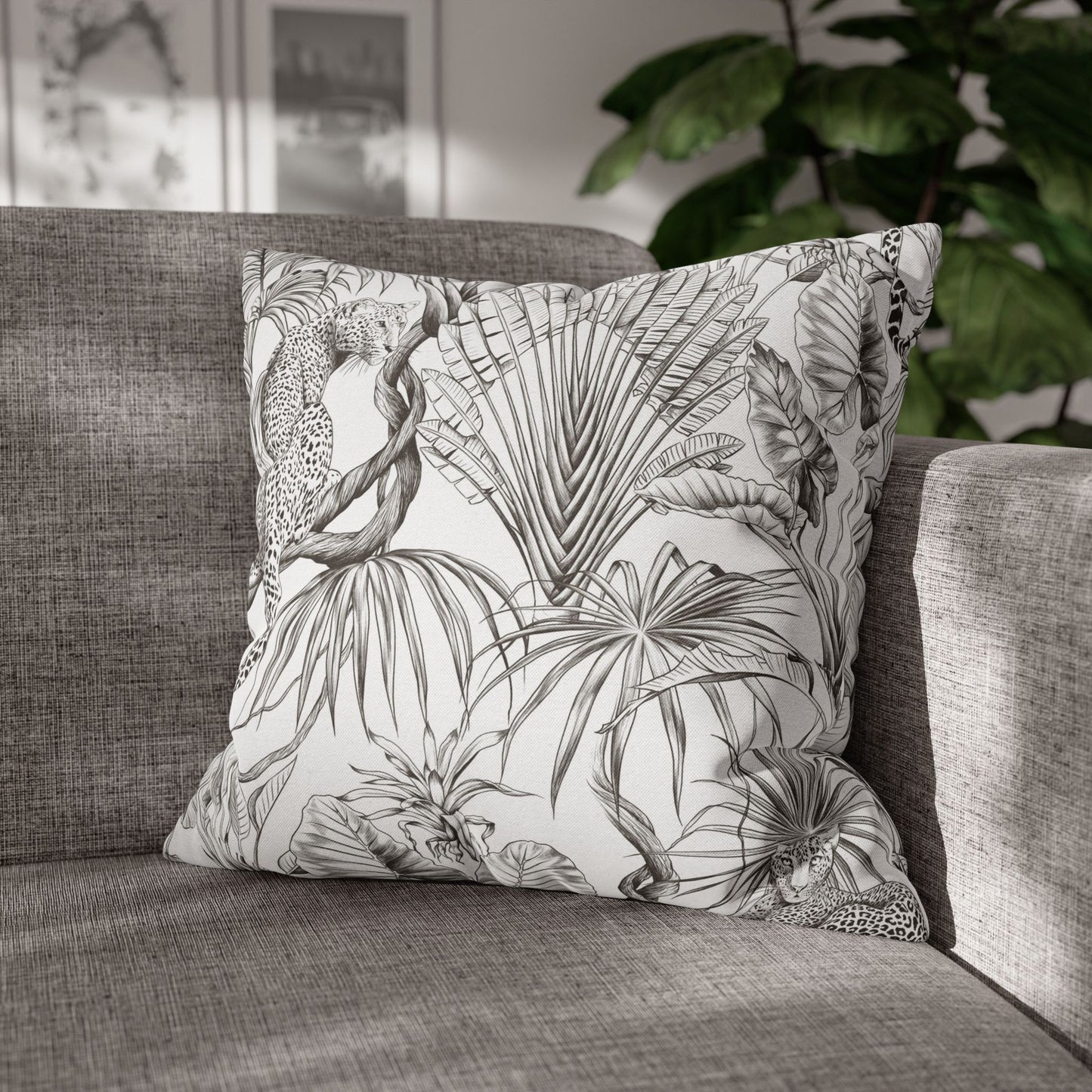 Tropical Leopard Pillowcase — Botanical Black & White Throw Pillow Cover