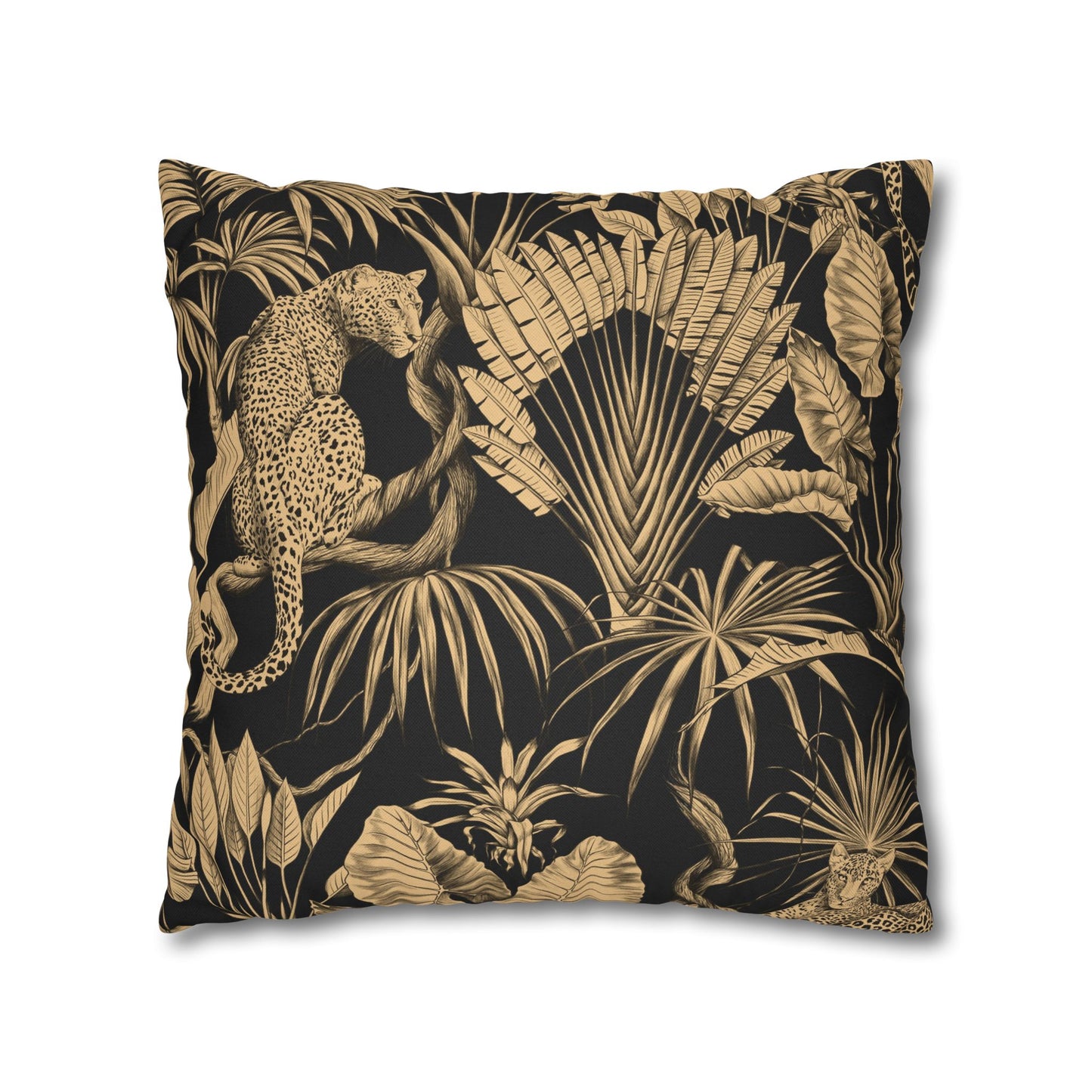 Tropical Leopard Decorative Pillowcase — Gold Palm Leaves on Black
