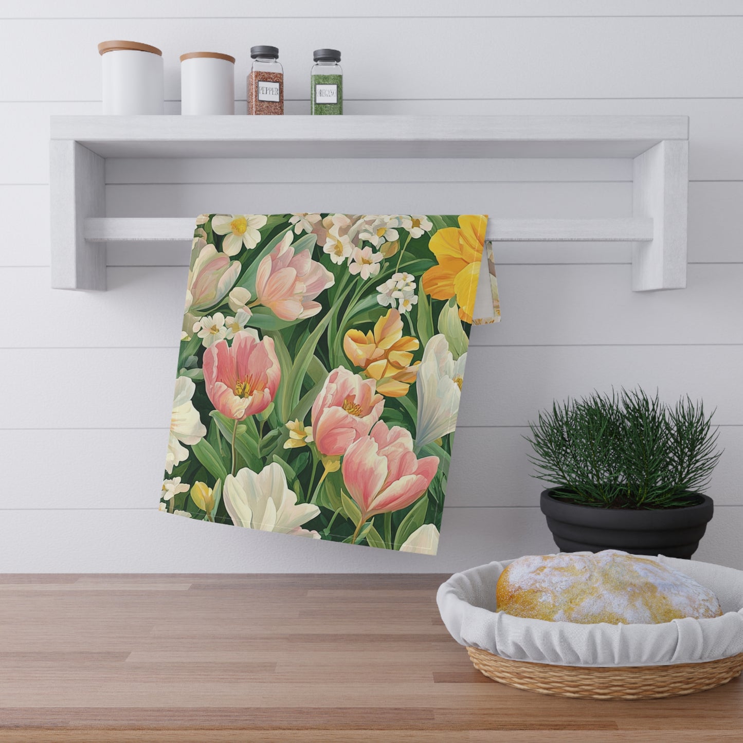 Spring Tulip Floral Tea Towel | Pink Yellow Daffodil Pattern