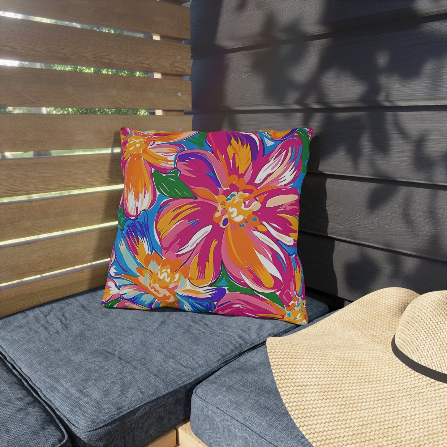 Bright Tropical Floral Outdoor Pillow | Colorful Hibiscus Patio Cushion