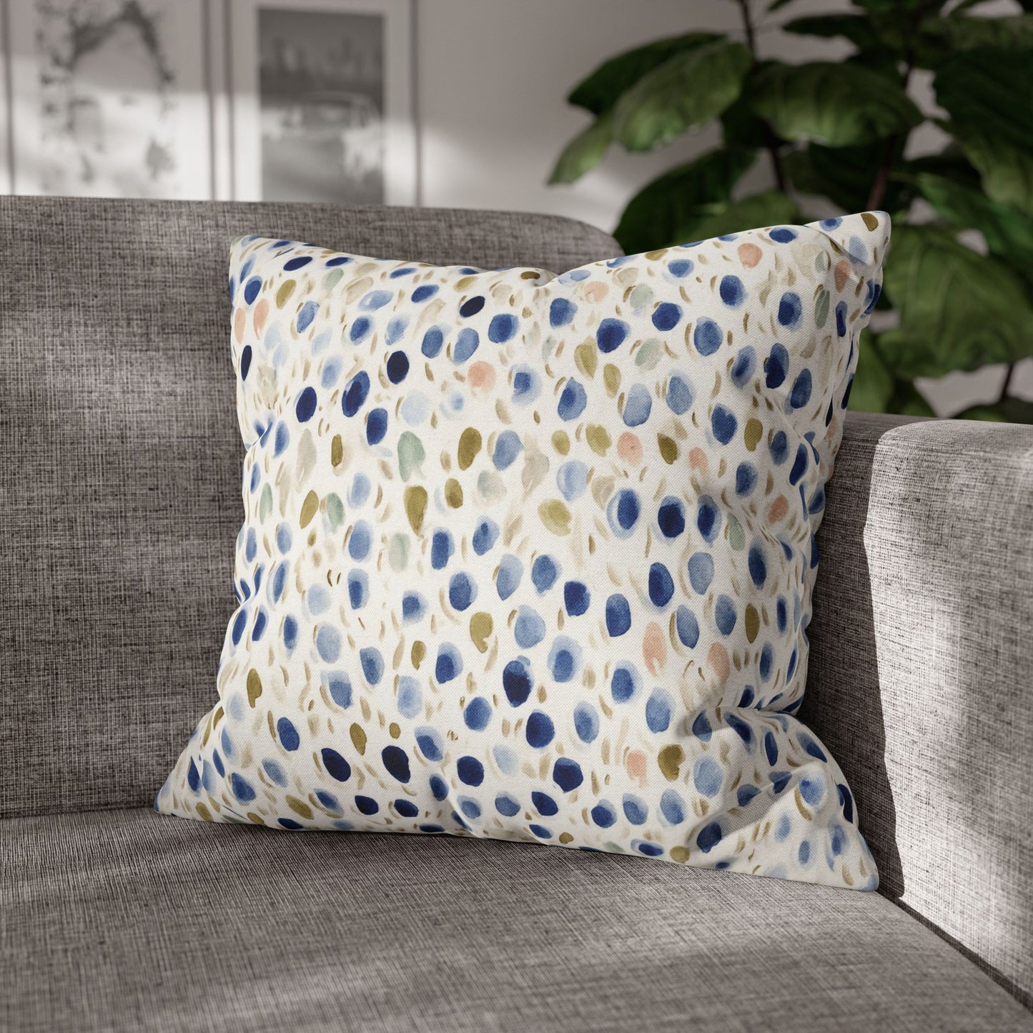Watercolor Pebble Pattern Pillowcase — Blue & Neutral Square Throw Pillow Cover