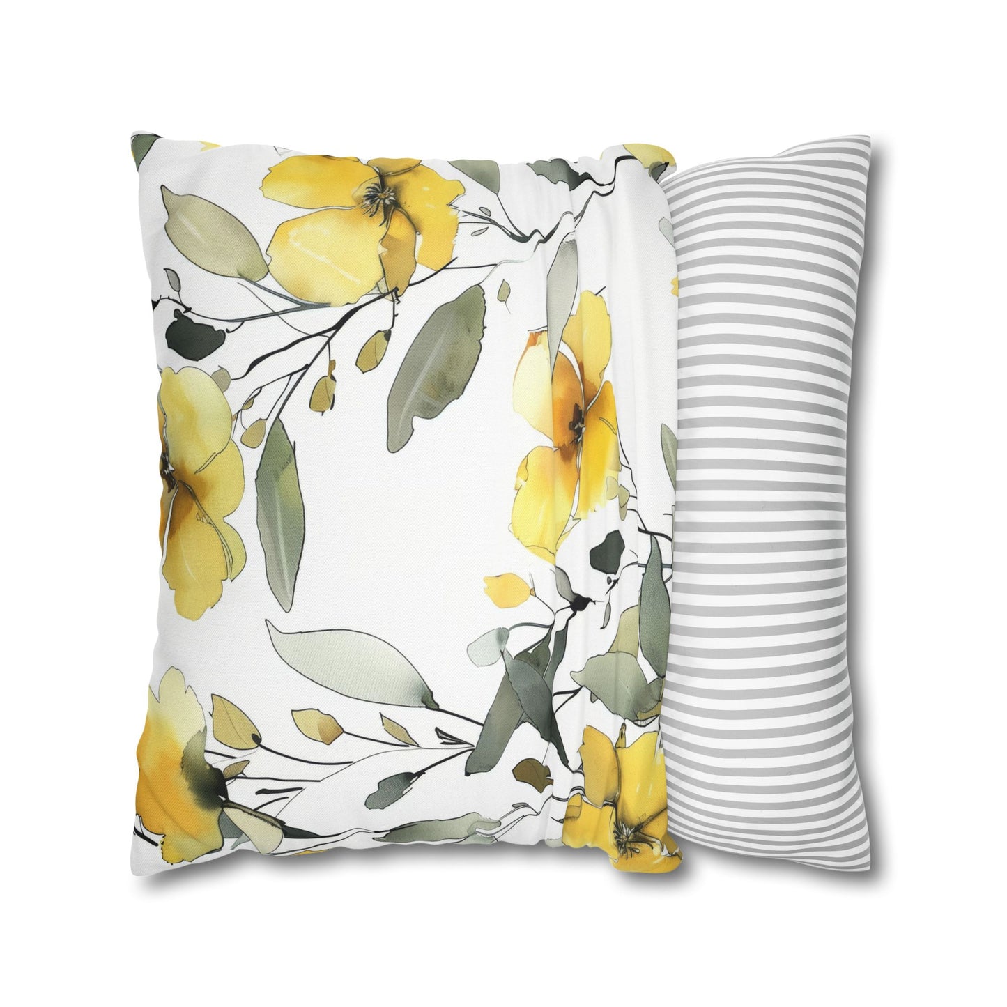 Yellow Floral Pillowcase — Watercolor Blossom Square Throw Pillow Cover