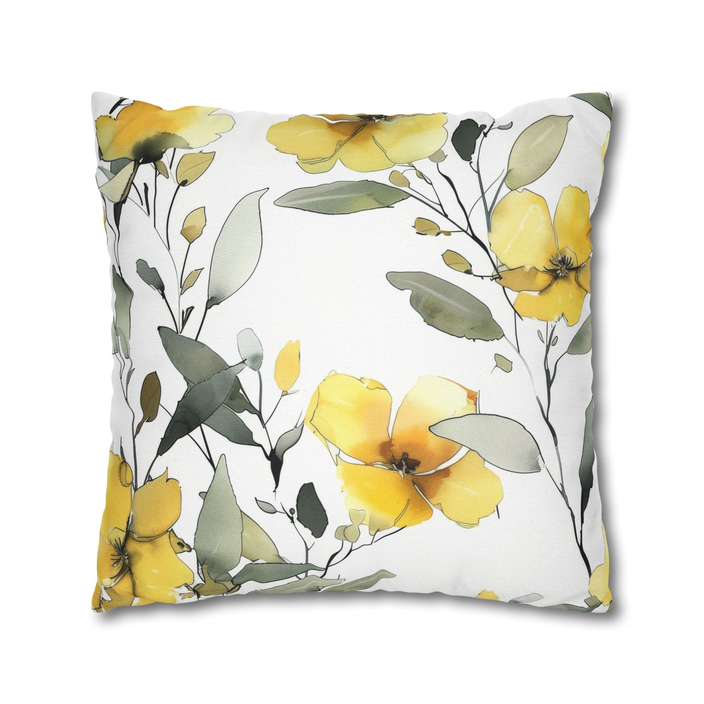 Yellow Floral Pillowcase — Watercolor Blossom Square Throw Pillow Cover
