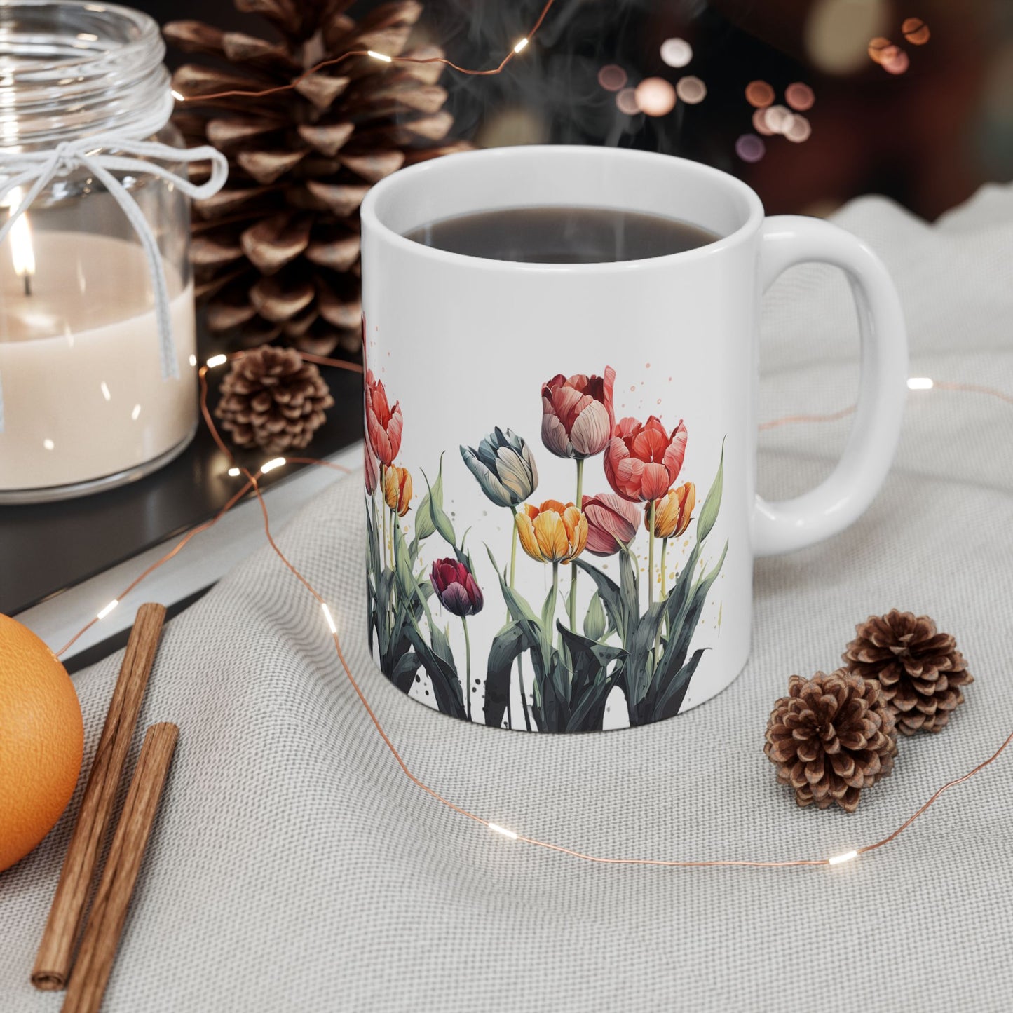 Tulip Garden Ceramic Mug — Floral Watercolor Coffee Cup (11oz & 15oz)