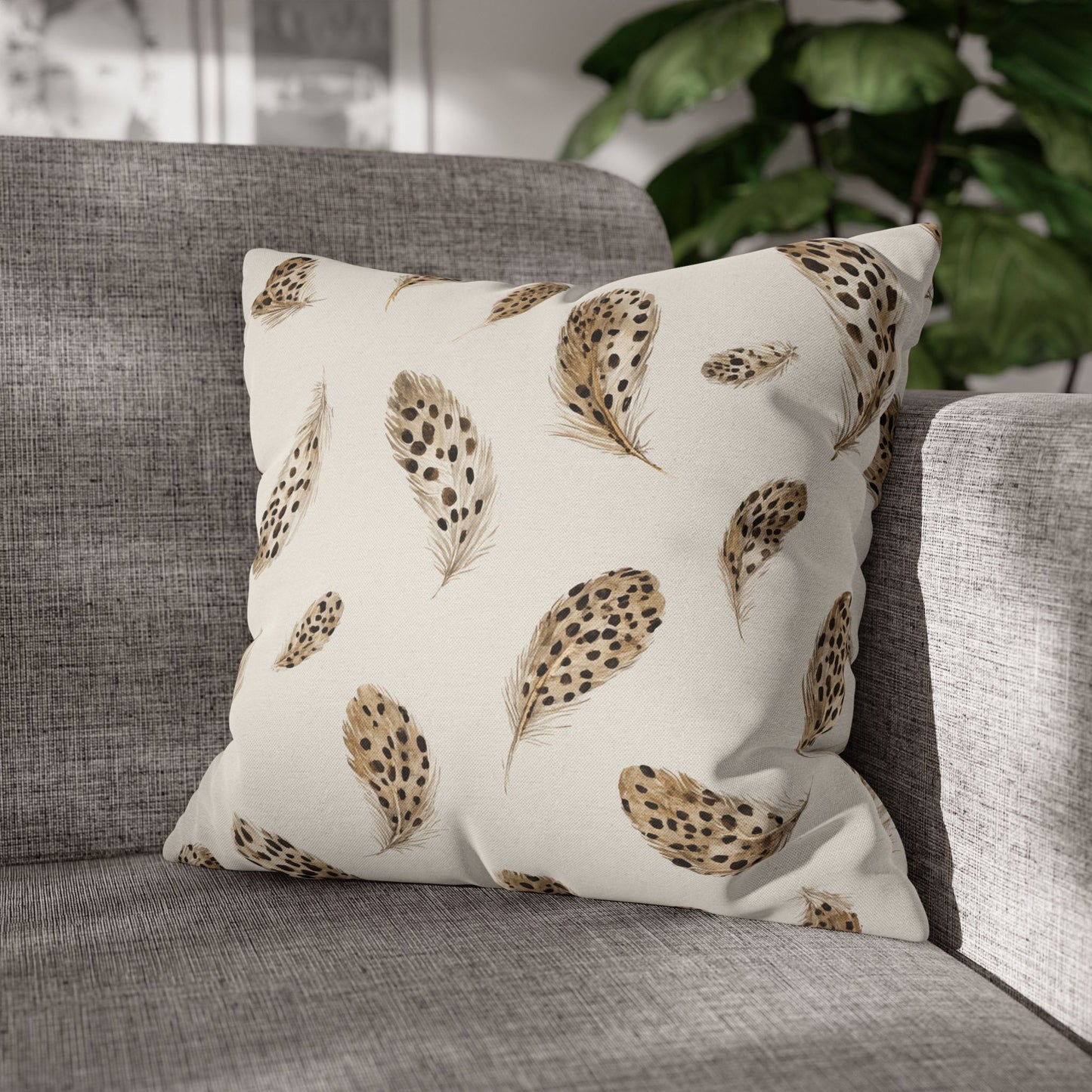 Feather Toss Decorative Pillowcase — Neutral Speckled Feathers Square Throw Pillow Cover