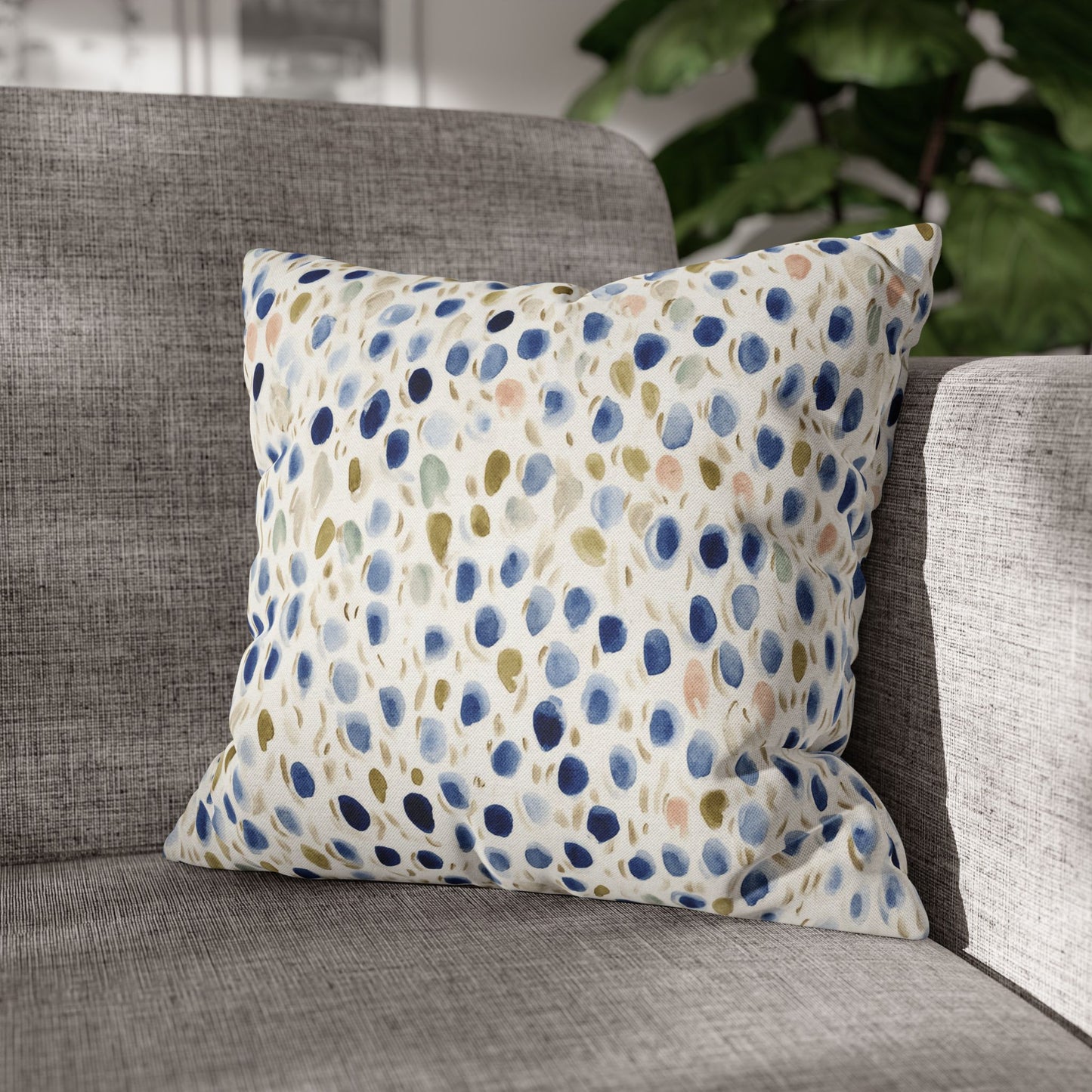 Watercolor Pebble Pattern Pillowcase — Blue & Neutral Square Throw Pillow Cover
