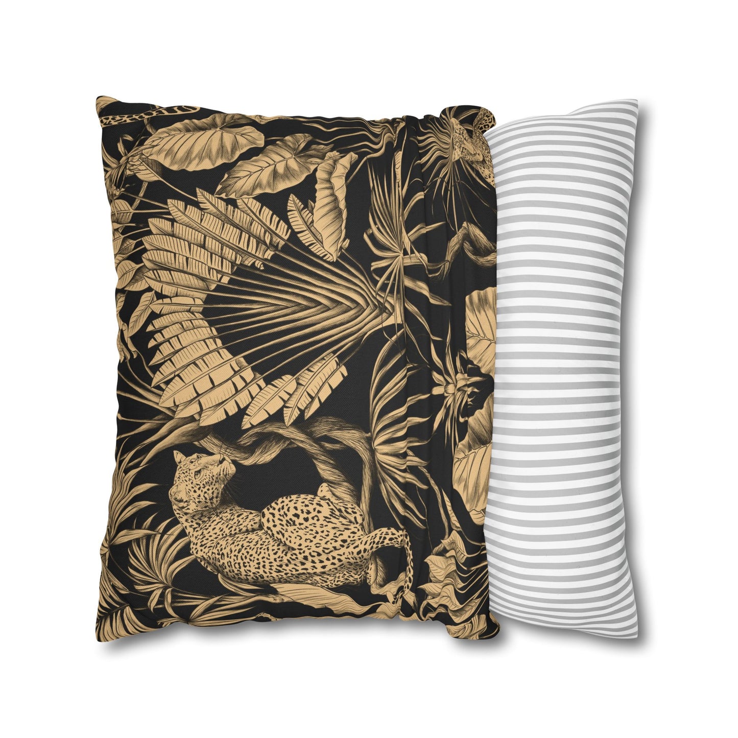 Tropical Leopard Decorative Pillowcase — Gold Palm Leaves on Black