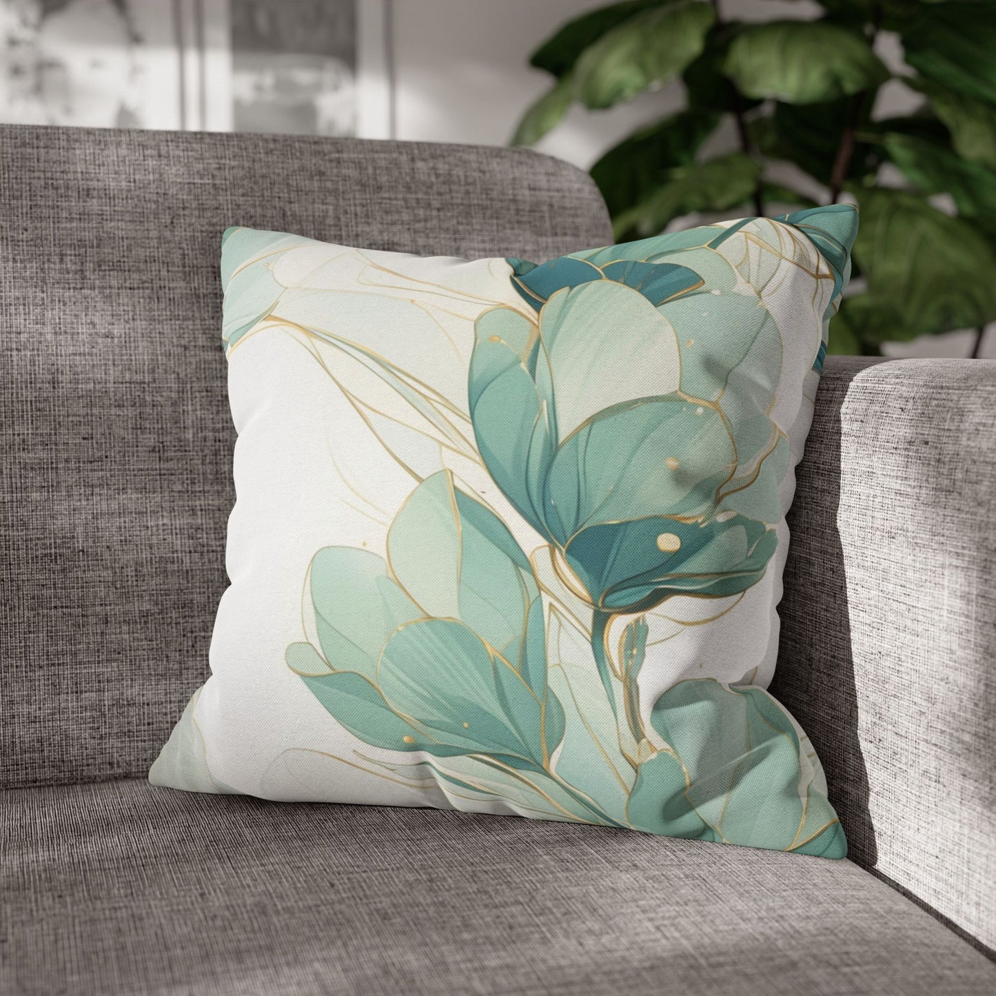Botanical Teal Floral Square Pillow Cover — Soft Spun Polyester Decorative Throw Pillowcase