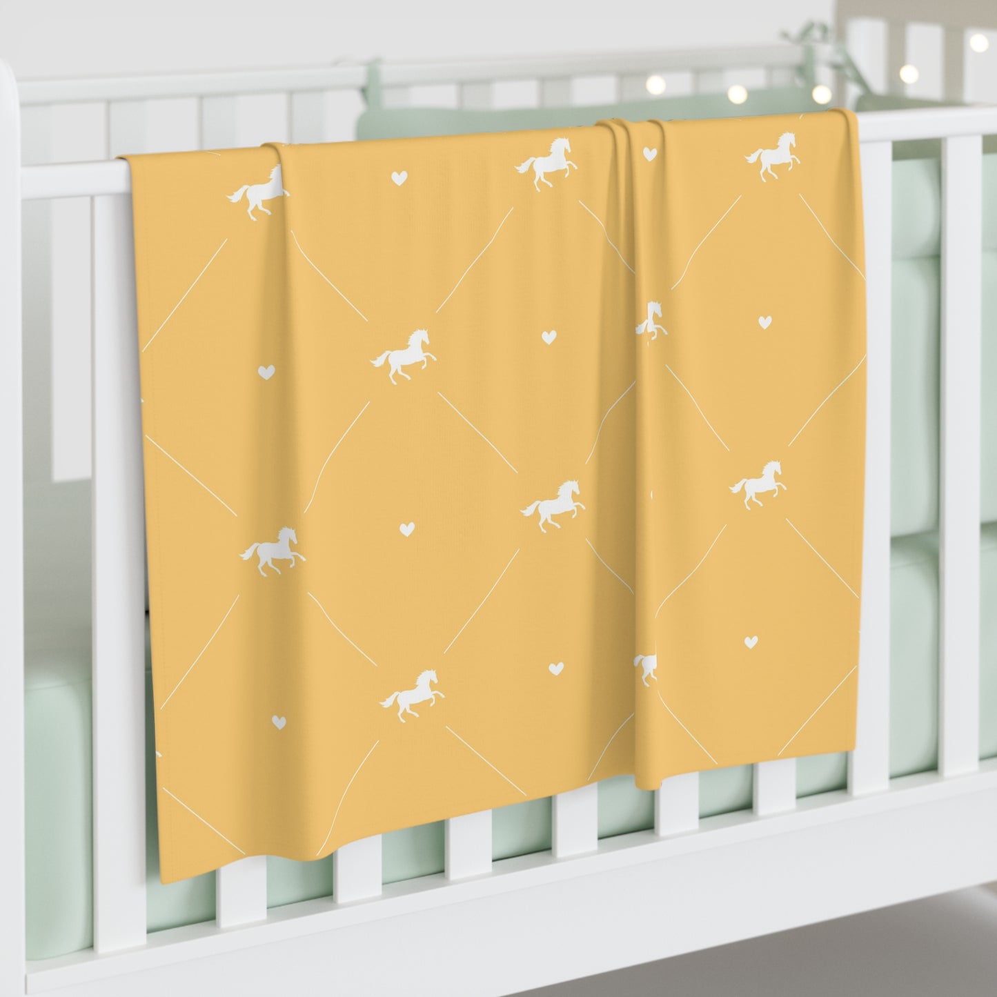 Mustard Baby Swaddle Blanket — Soft Newborn Wrap with Tiny Horse and Heart Pattern