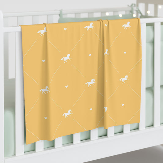 Mustard Baby Swaddle Blanket — Soft Newborn Wrap with Tiny Horse and Heart Pattern