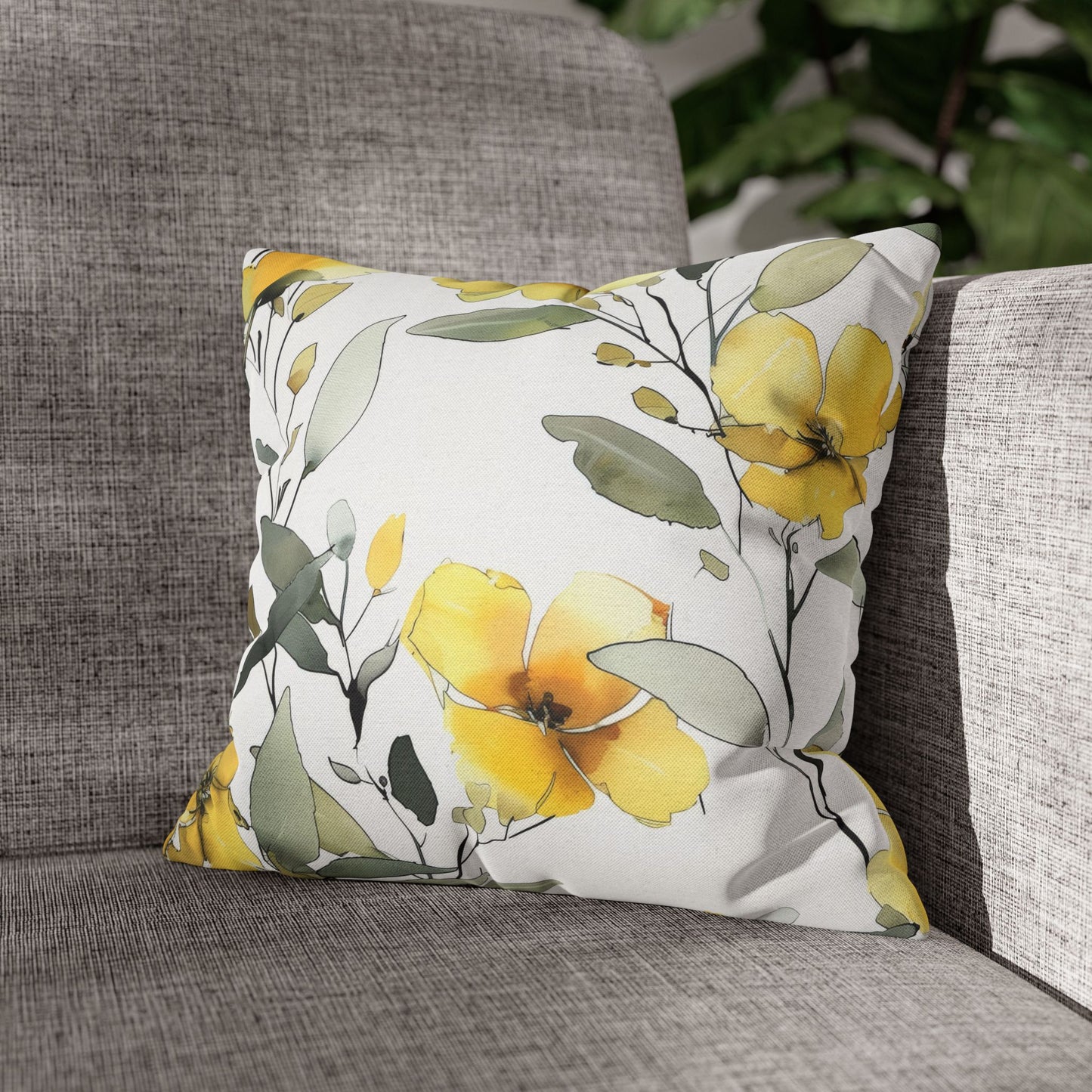 Yellow Floral Pillowcase — Watercolor Blossom Square Throw Pillow Cover