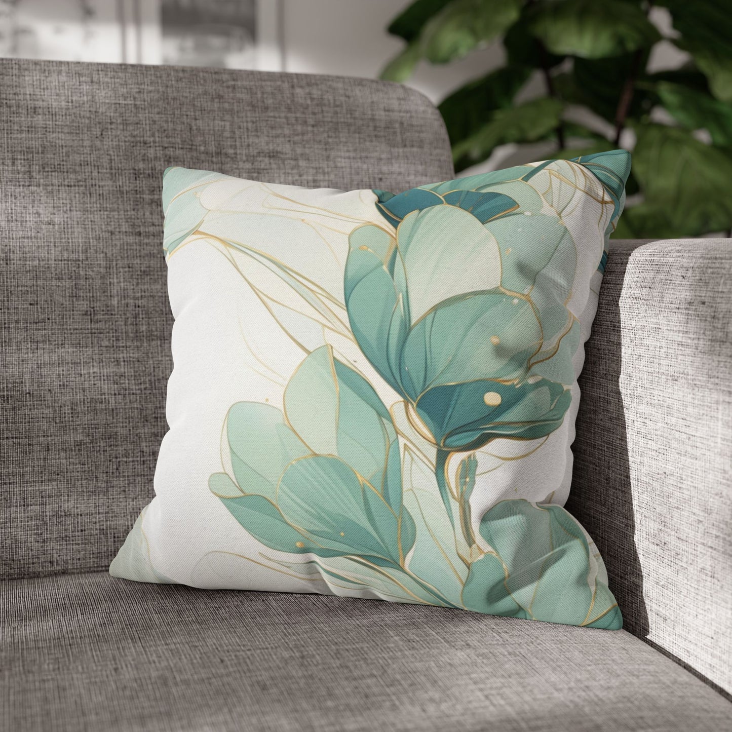 Botanical Teal Floral Square Pillow Cover — Soft Spun Polyester Decorative Throw Pillowcase