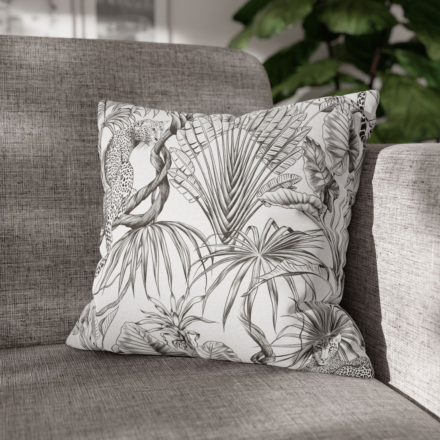 Tropical Leopard Pillowcase — Botanical Black & White Throw Pillow Cover