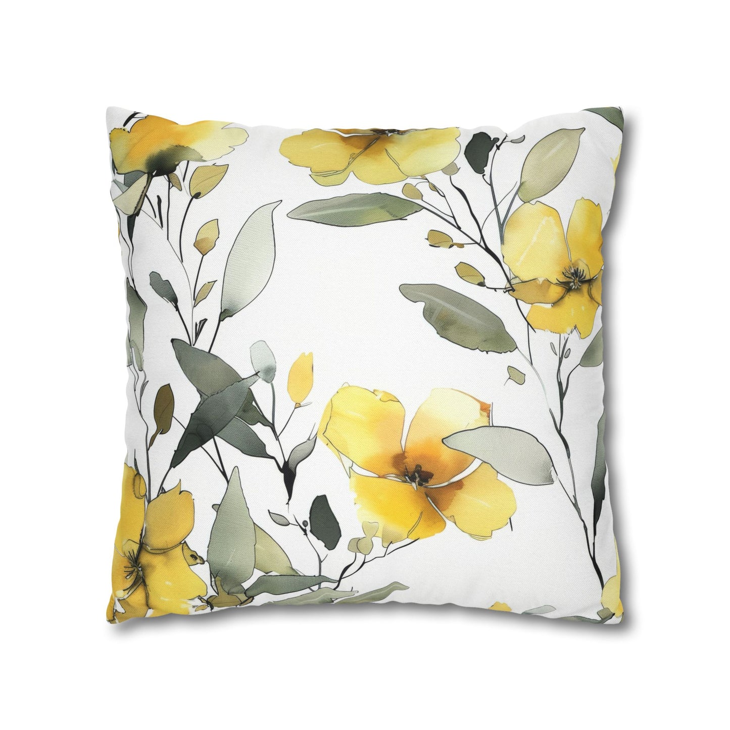 Yellow Floral Pillowcase — Watercolor Blossom Square Throw Pillow Cover