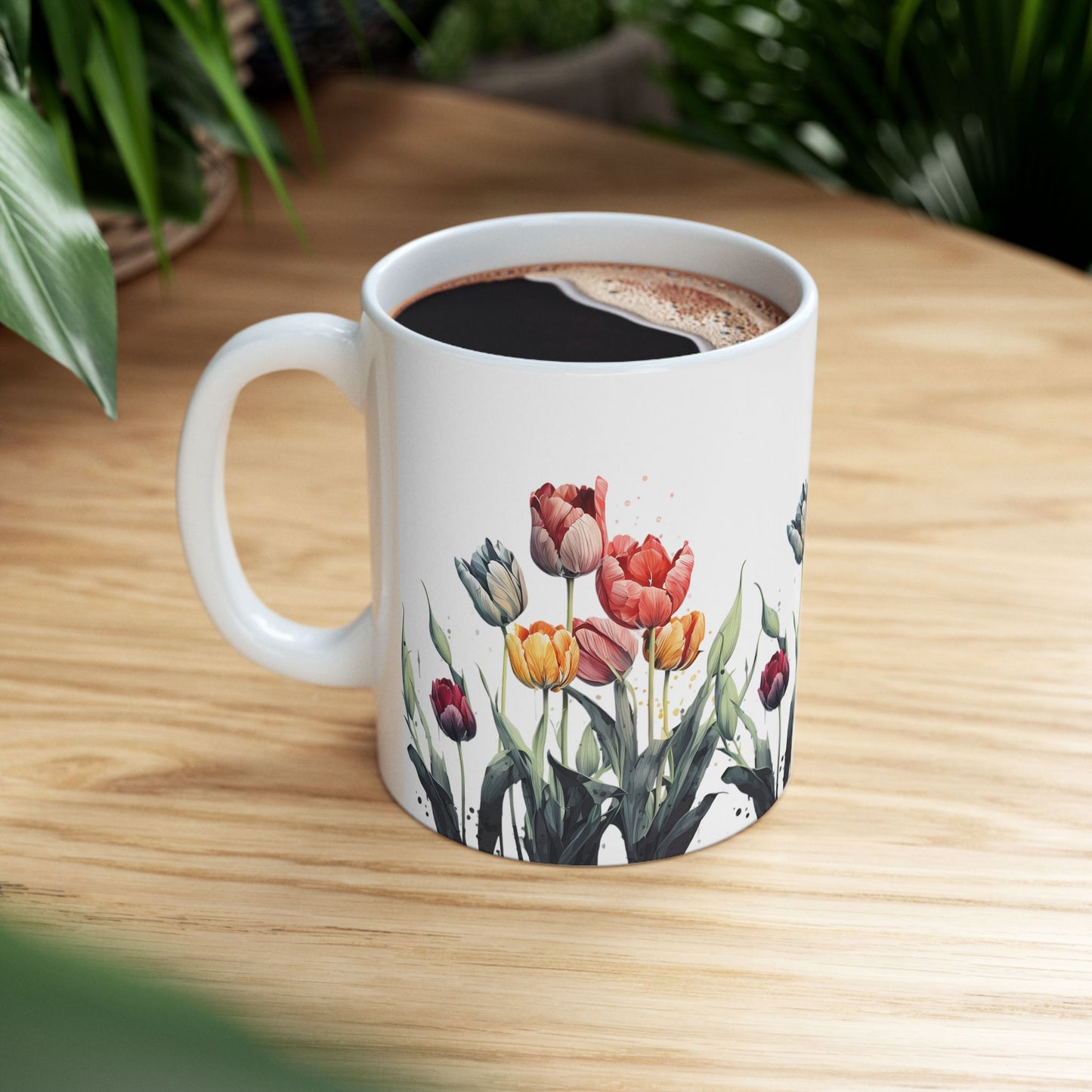Tulip Garden Ceramic Mug — Floral Watercolor Coffee Cup (11oz & 15oz)