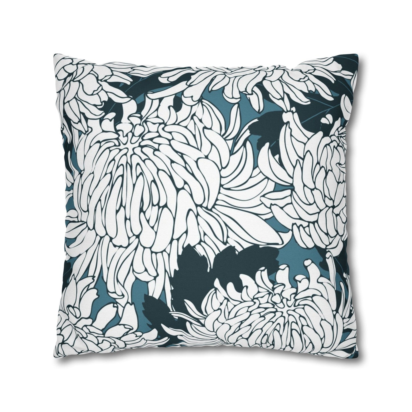 Chrysanthemum Floral Pillowcase — Navy & White Decorative Throw Pillow