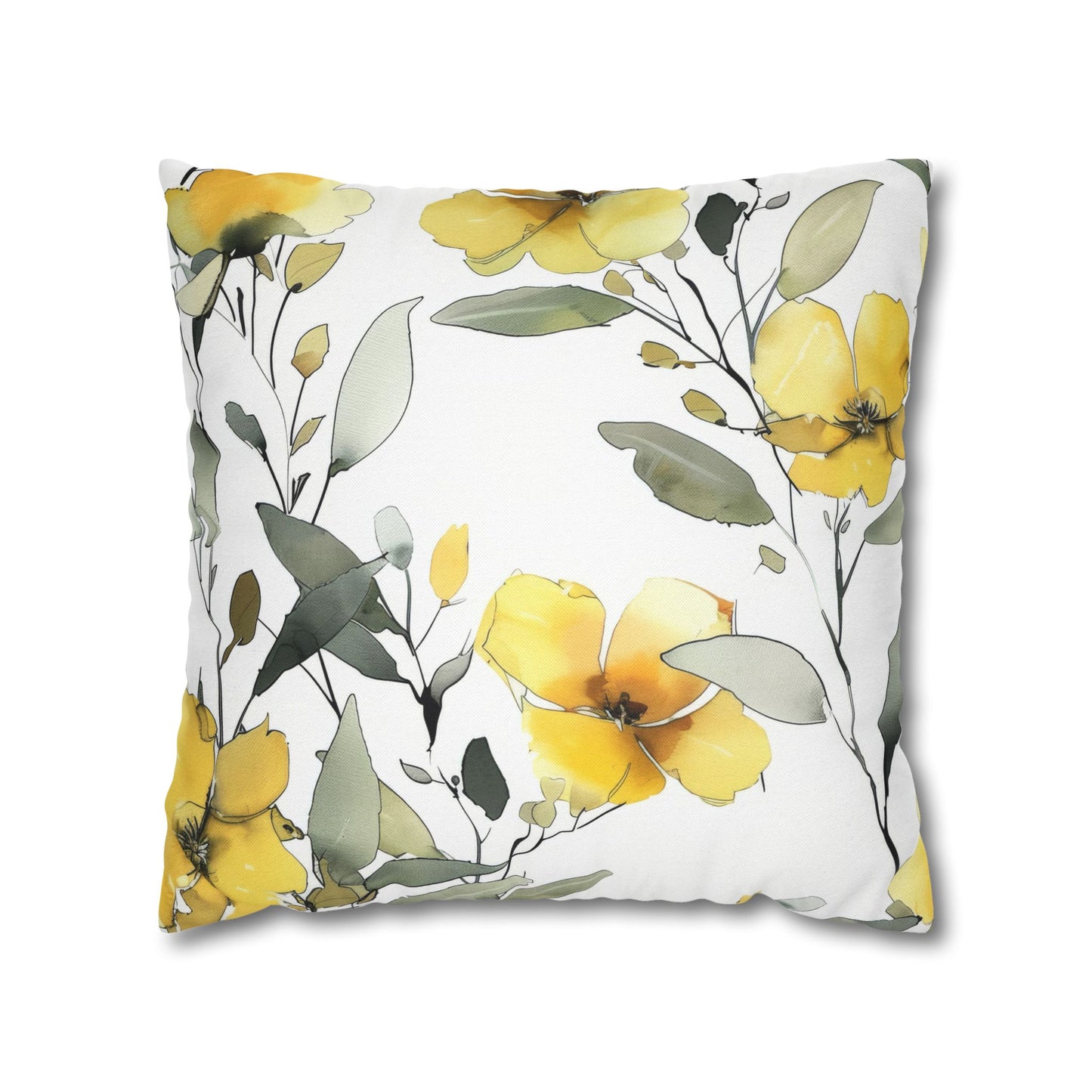 Yellow Floral Pillowcase — Watercolor Blossom Square Throw Pillow Cover