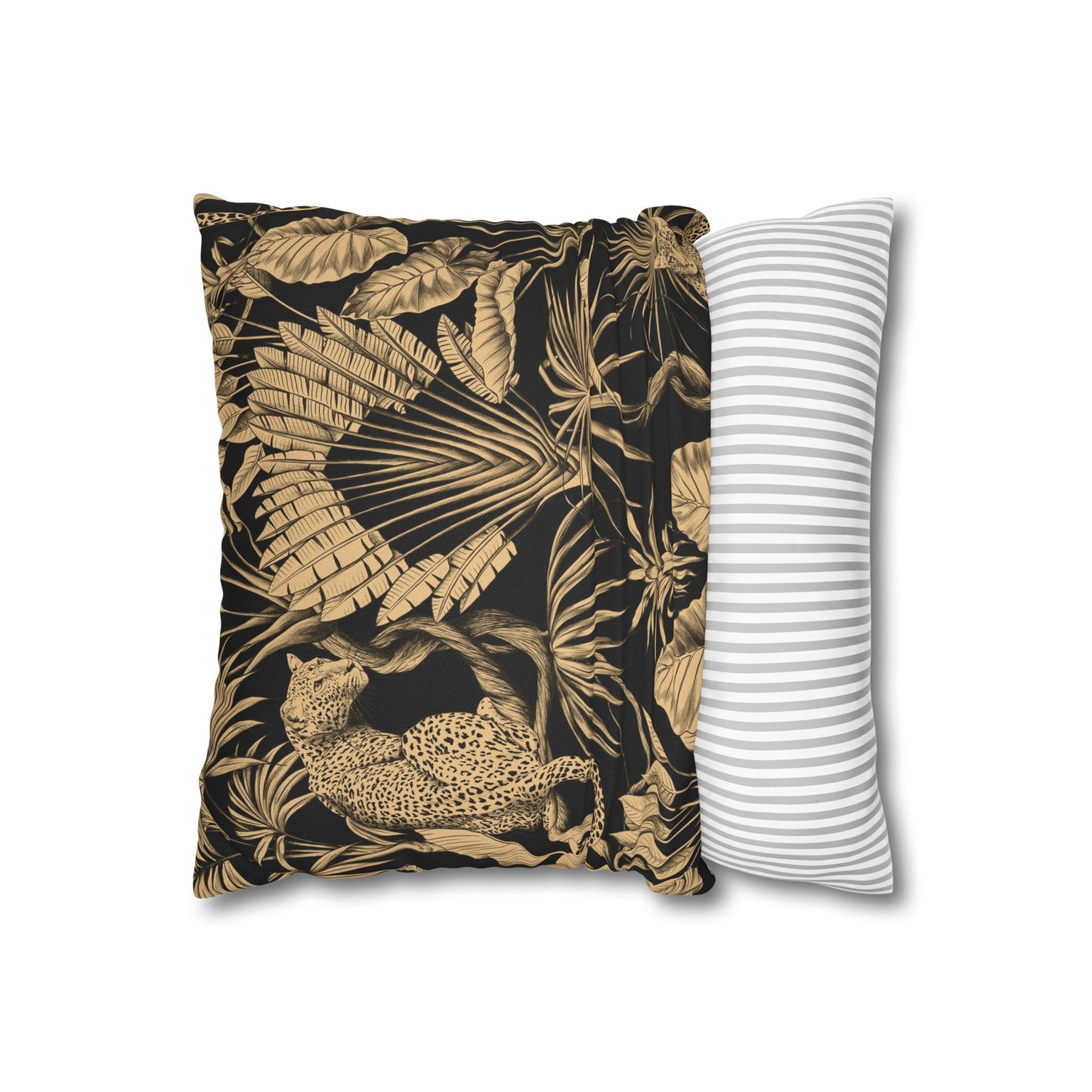 Tropical Leopard Decorative Pillowcase — Gold Palm Leaves on Black