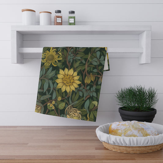 Yellow Floral Vine Tea Towel | Botanical Sunflower Kitchen Towel