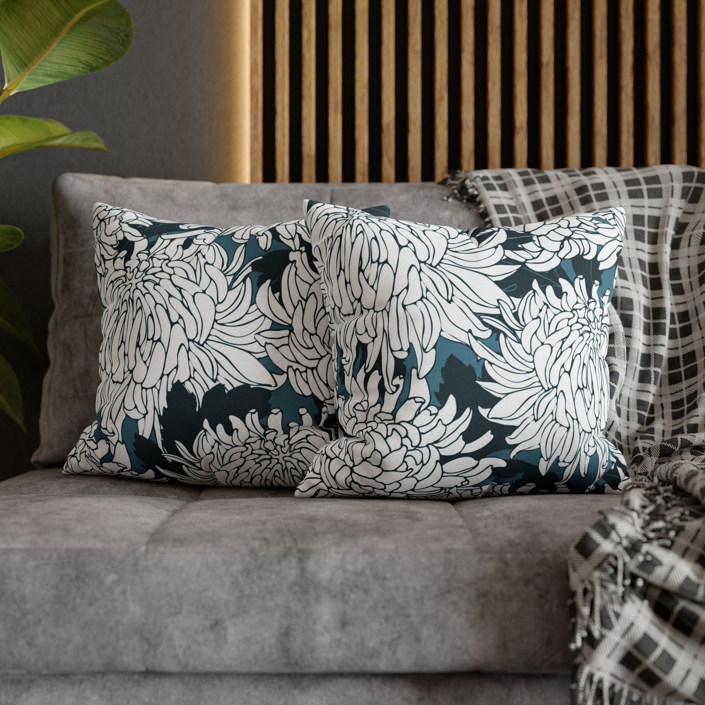 Chrysanthemum Floral Pillowcase — Navy & White Decorative Throw Pillow