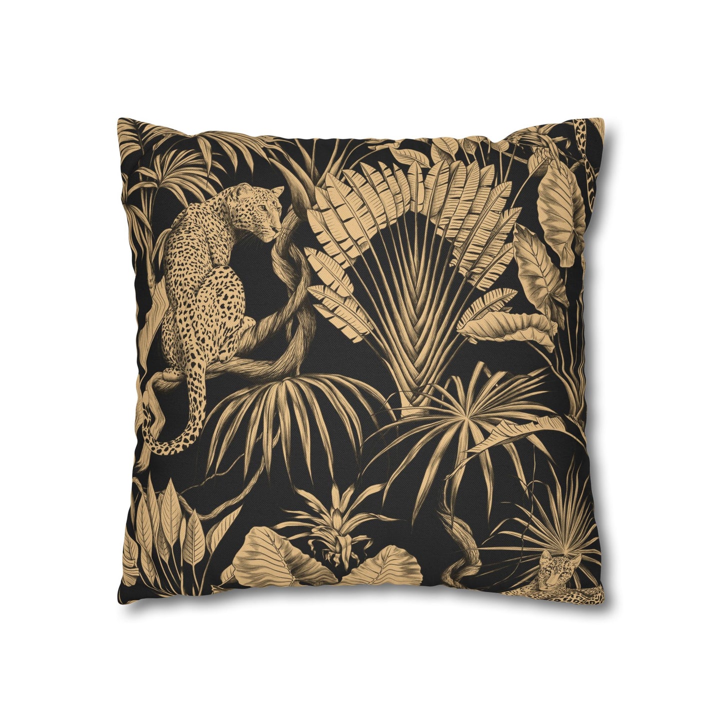 Tropical Leopard Decorative Pillowcase — Gold Palm Leaves on Black