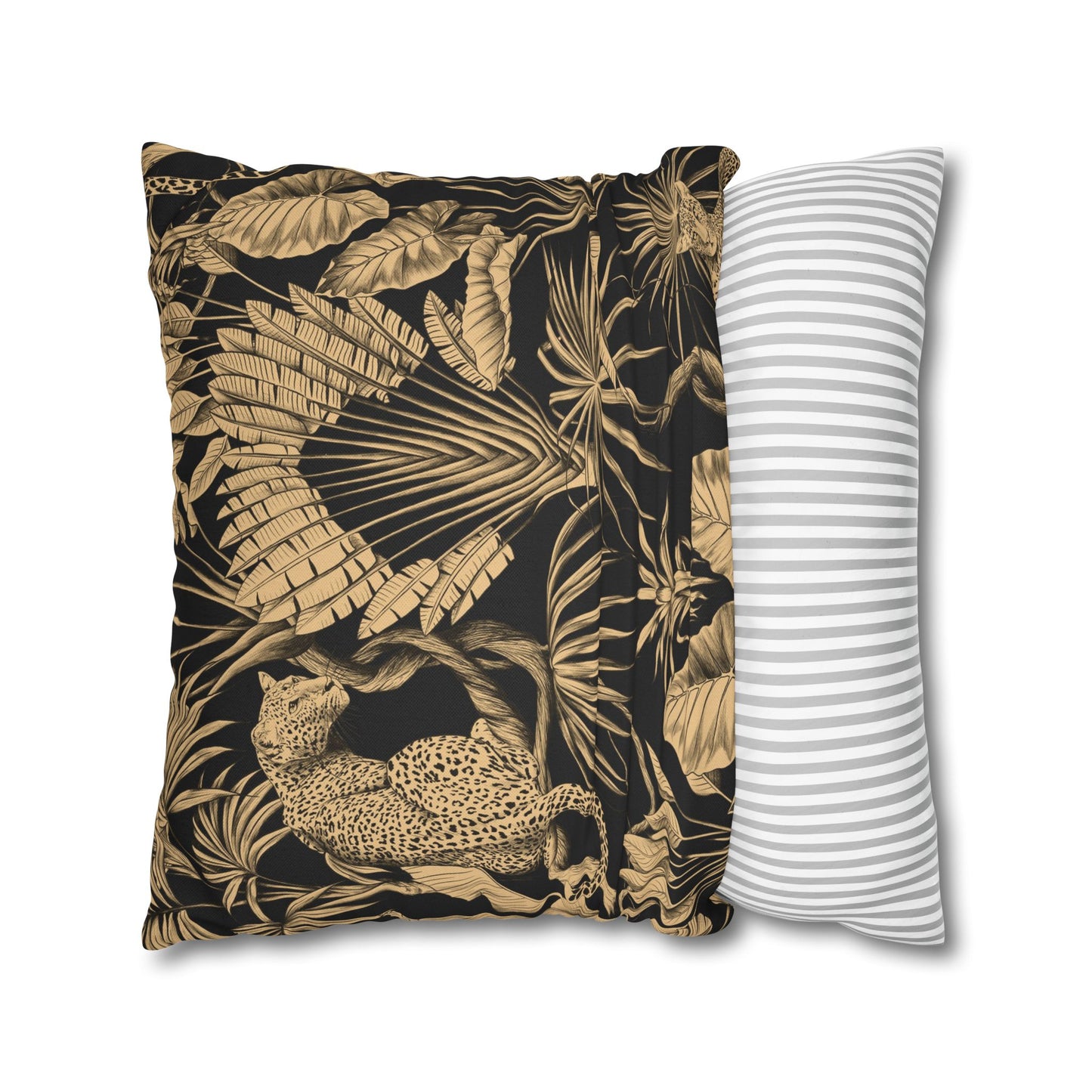 Tropical Leopard Decorative Pillowcase — Gold Palm Leaves on Black