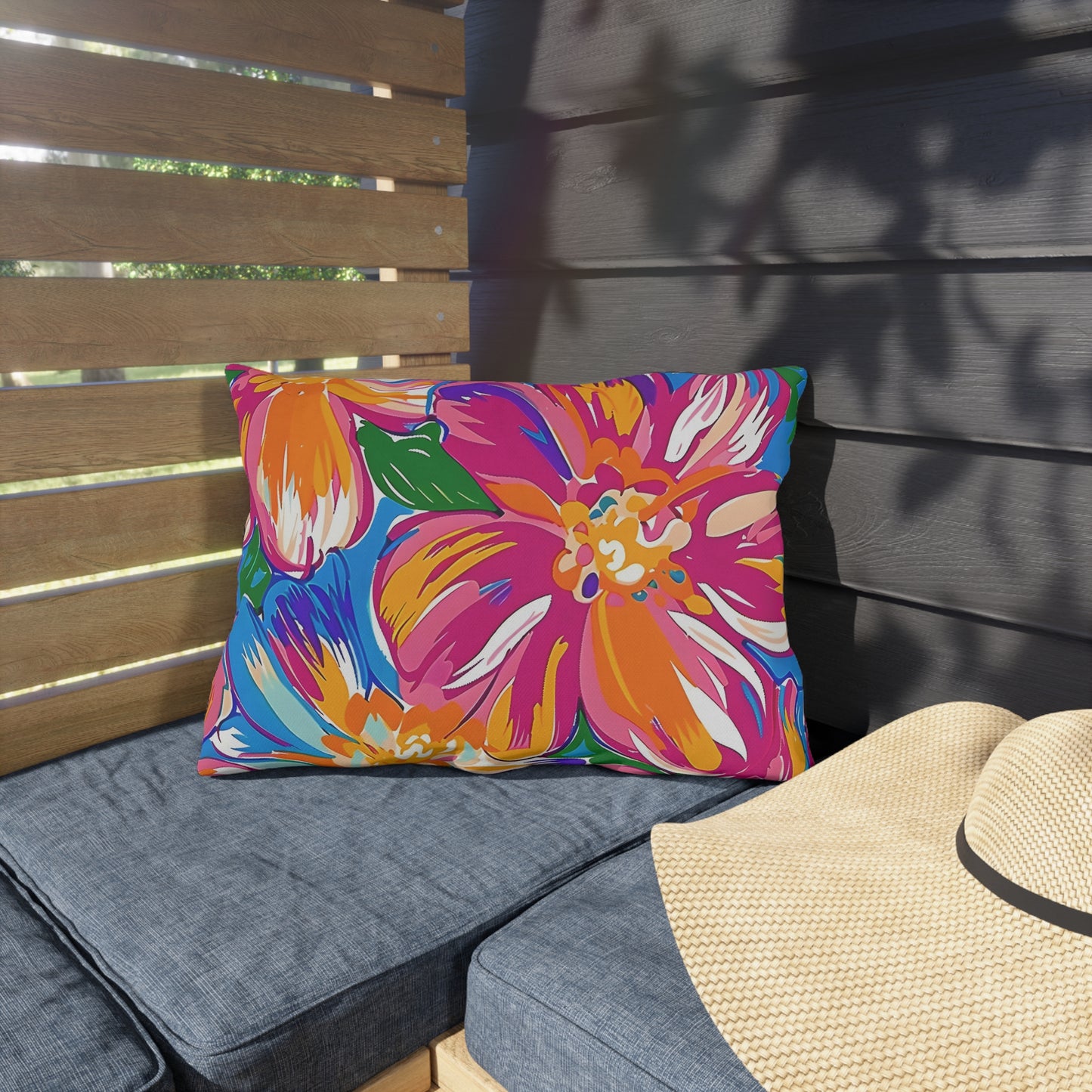 Bright Tropical Floral Outdoor Pillow | Colorful Hibiscus Patio Cushion