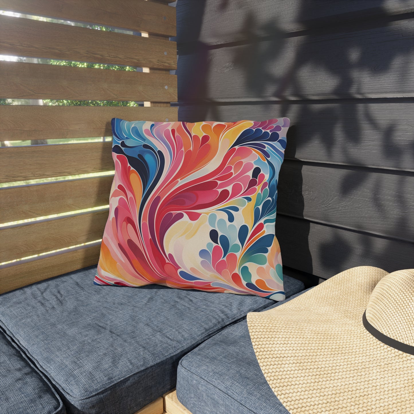Vibrant Swirl Outdoor Pillow — Colorful Abstract Patio Cushion