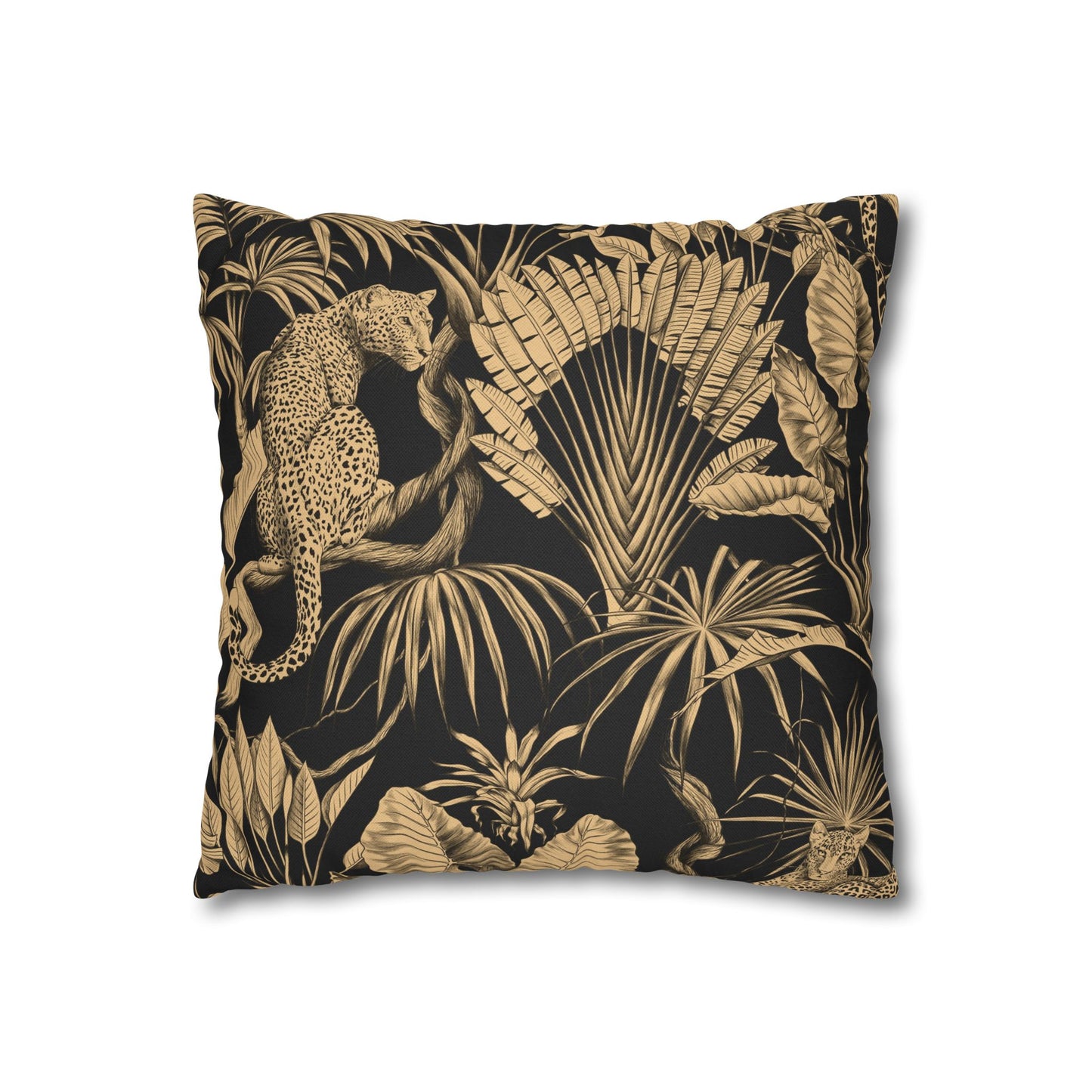Tropical Leopard Decorative Pillowcase — Gold Palm Leaves on Black