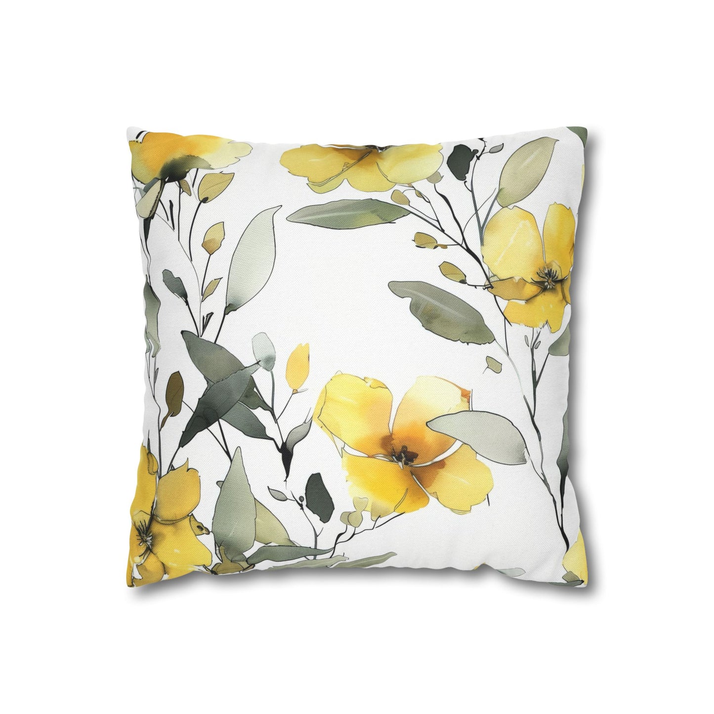 Yellow Floral Pillowcase — Watercolor Blossom Square Throw Pillow Cover