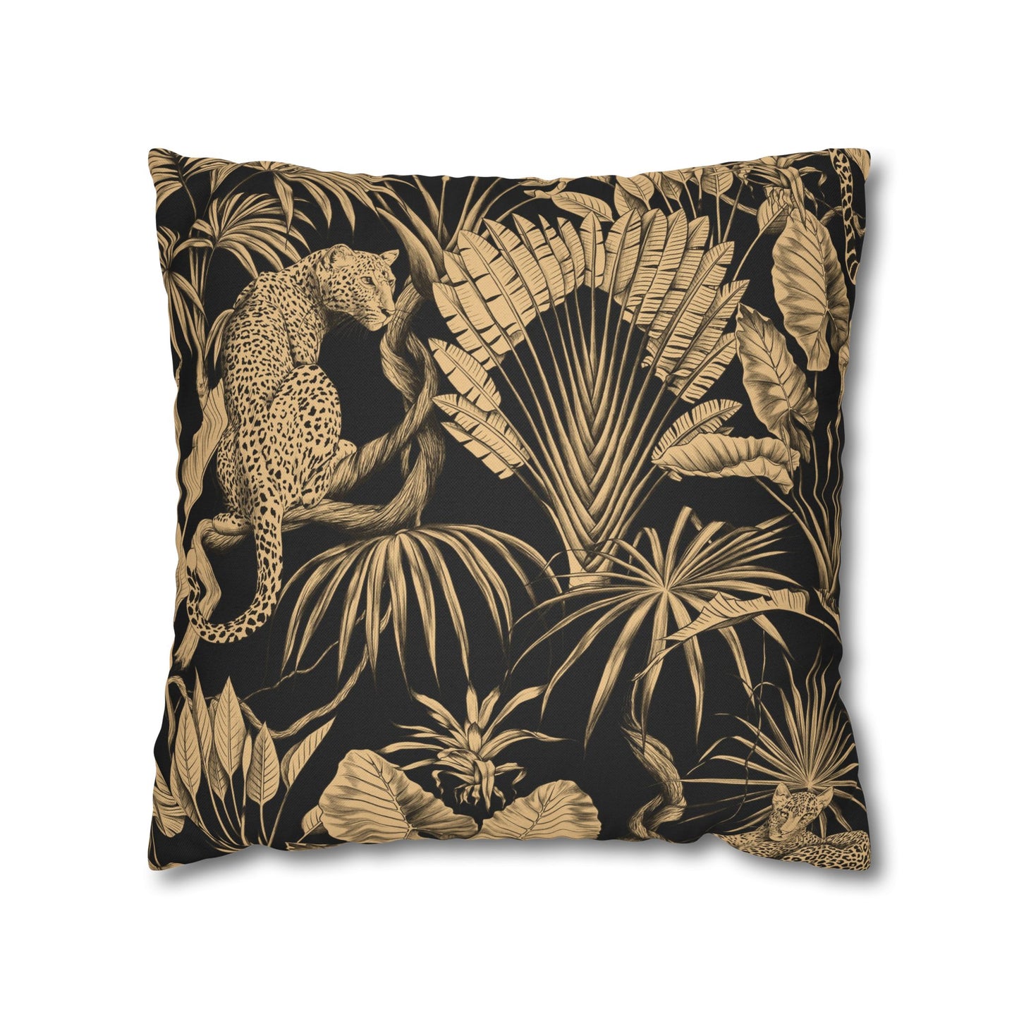 Tropical Leopard Decorative Pillowcase — Gold Palm Leaves on Black